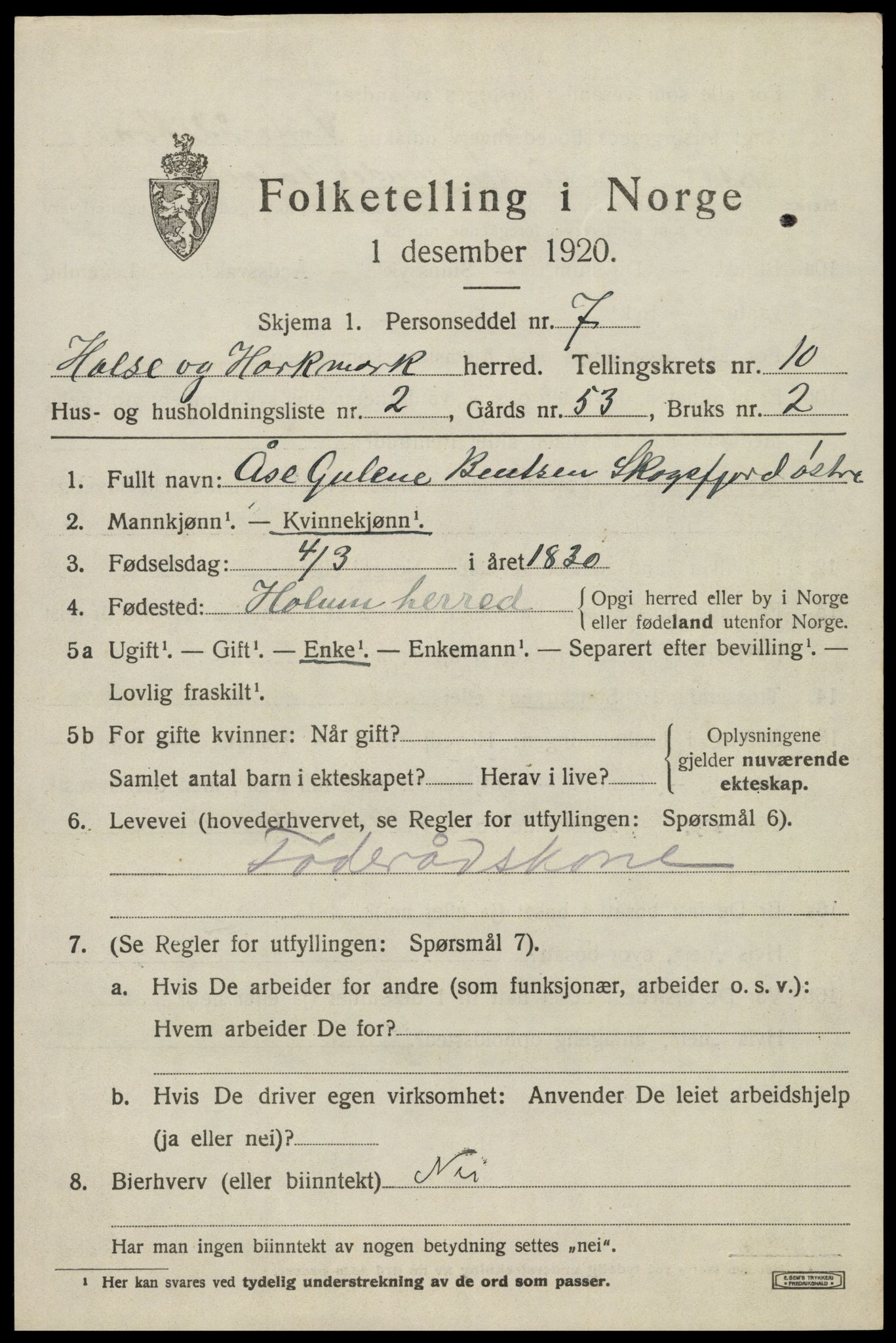 SAK, Folketelling 1920 for 1019 Halse og Harkmark herred, 1920, s. 5641
