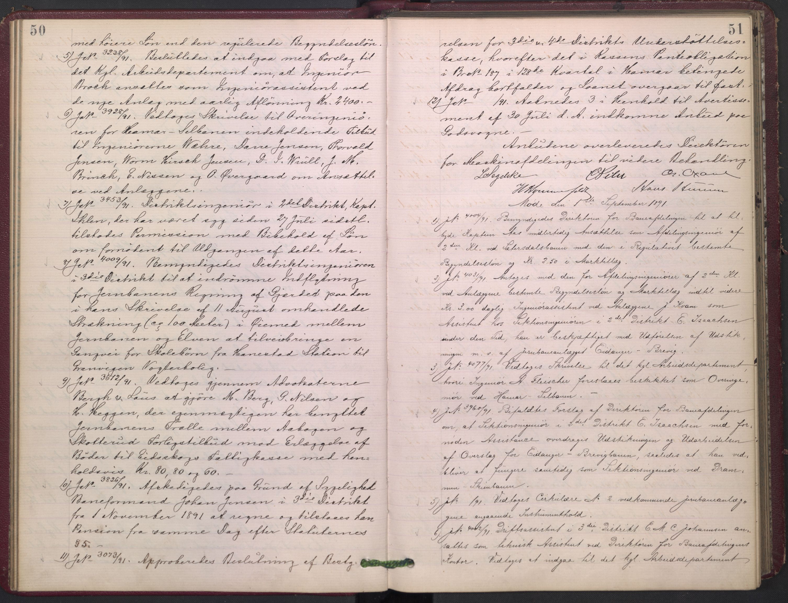 Norges statsbaner, Administrasjons- økonomi- og personalavdelingen, AV/RA-S-3412/A/Aa/L0002: Forhandlingsprotokoll, 1891-1893, s. 50-51