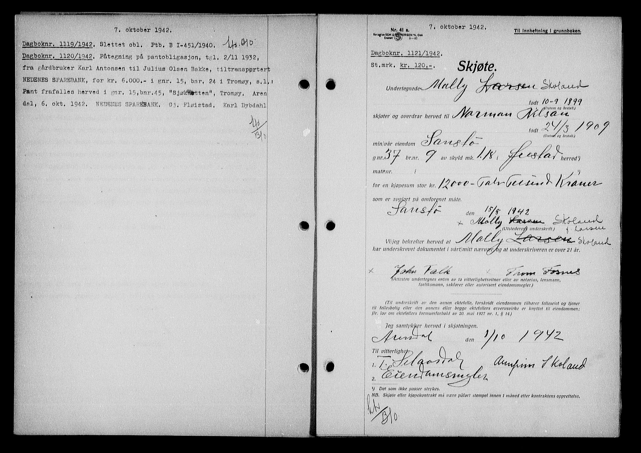 Nedenes sorenskriveri, AV/SAK-1221-0006/G/Gb/Gba/L0050: Pantebok nr. A-IV, 1942-1943, Dagboknr: 1121/1942