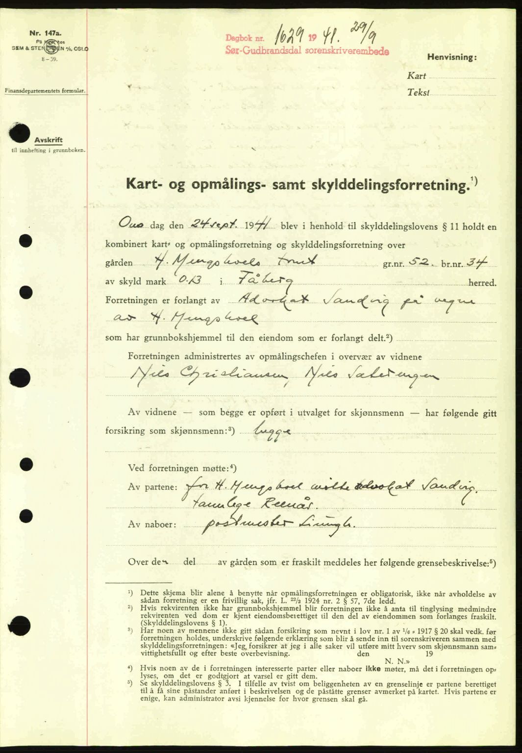 Sør-Gudbrandsdal tingrett, SAH/TING-004/H/Hb/Hbd/L0009: Pantebok nr. A9, 1941-1941, Dagboknr: 1629/1941