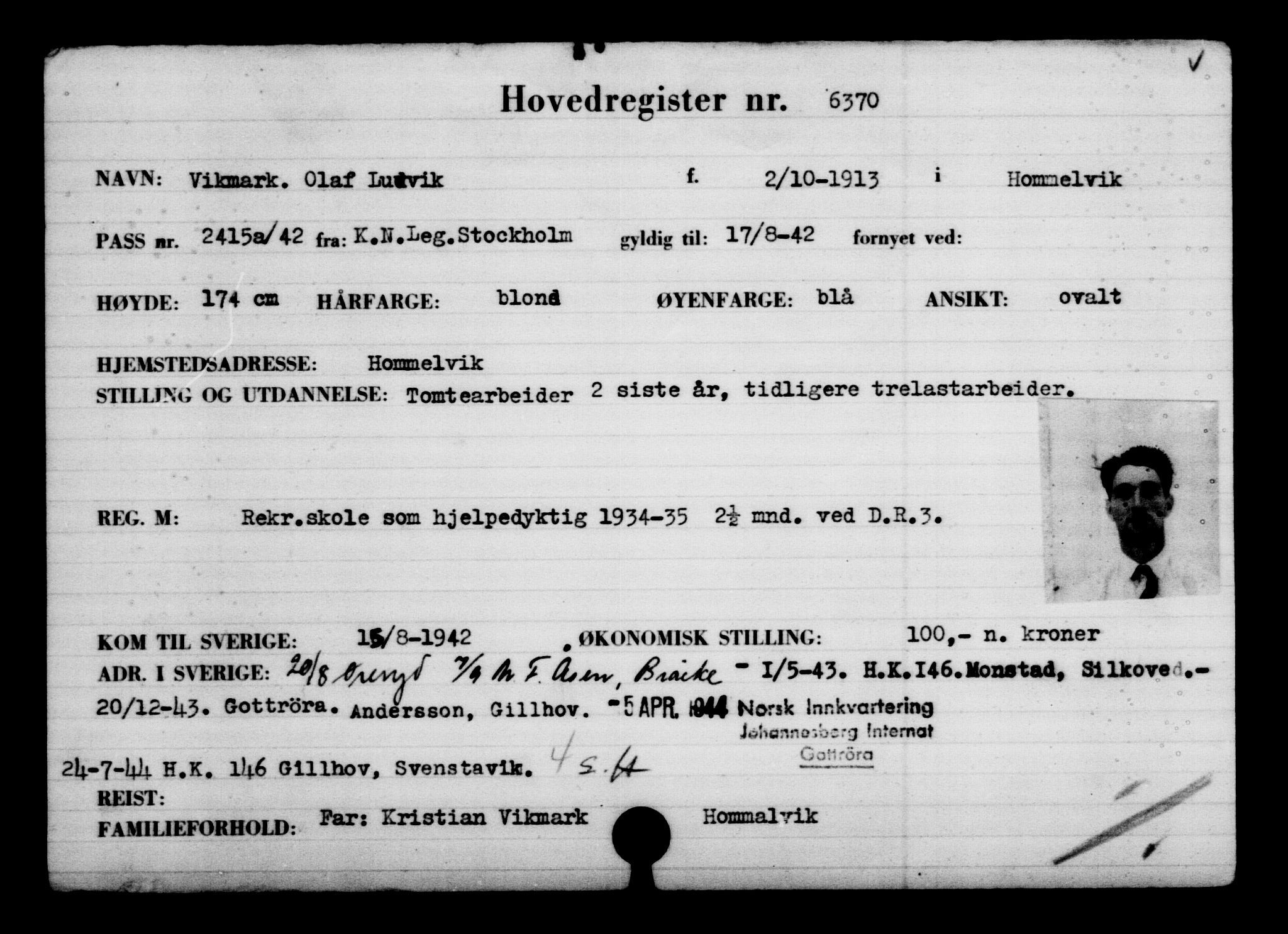 Utenriksstasjonene, Legasjonen i Stockholm, Flyktningkontoret, AV/RA-S-6753/V/Va/L0004: Kjesäterkartoteket, flyktninger med registreringsnr. 3496-6610, 1940-1945, s. 3399