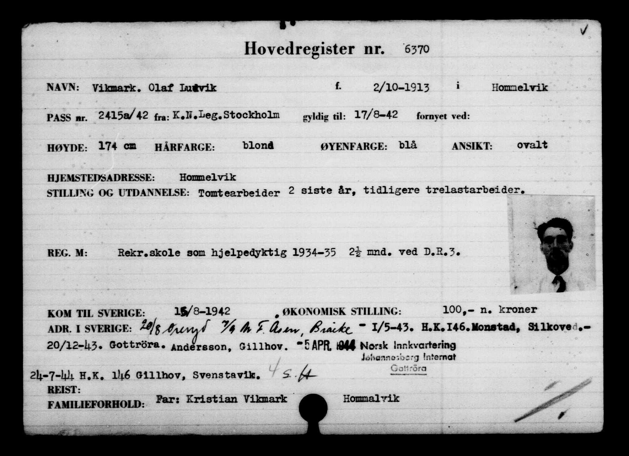 Den Kgl. Norske Legasjons Flyktningskontor, RA/S-6753/V/Va/L0004: Kjesäterkartoteket.  Flyktningenr. 3496-6610, 1940-1945, s. 3399