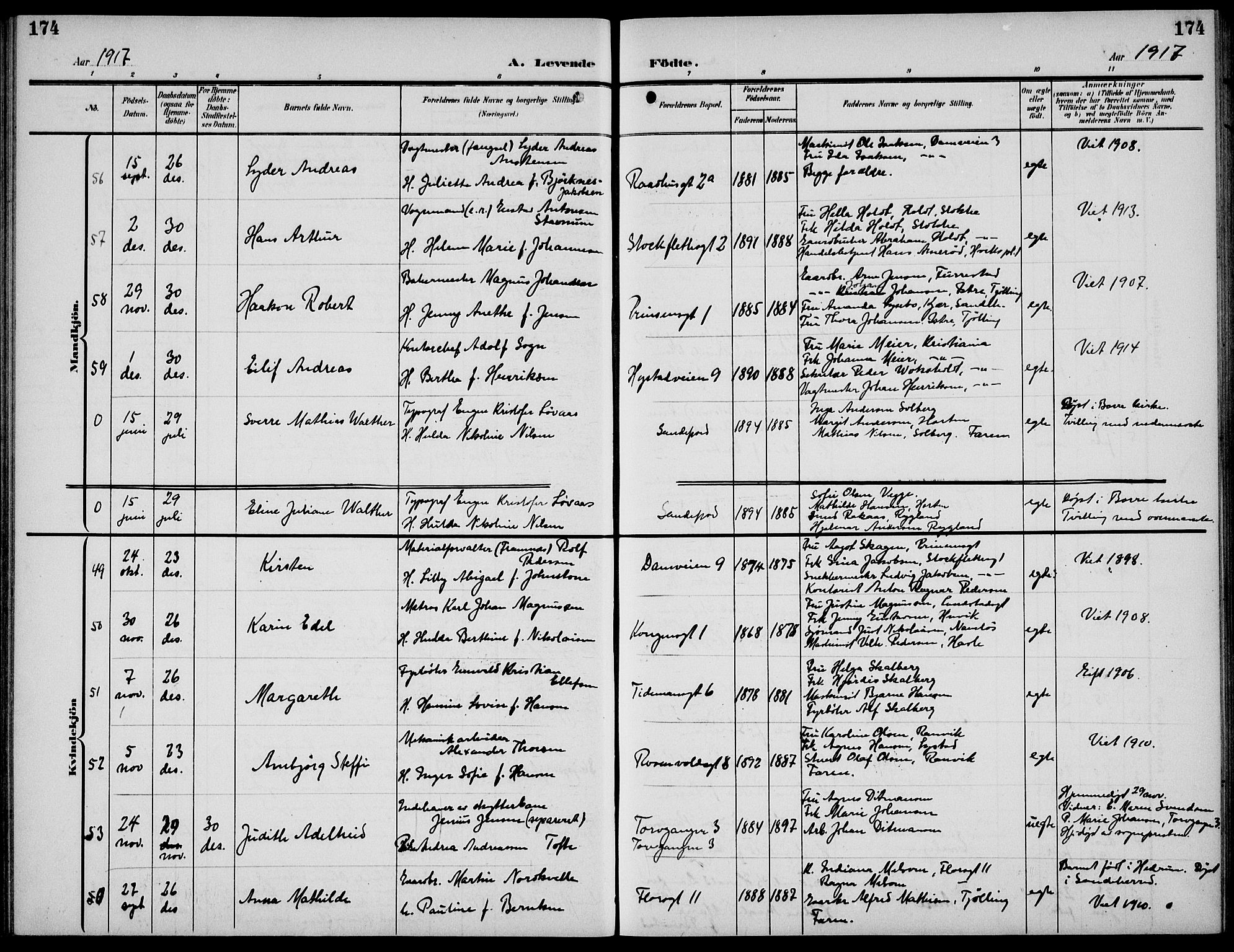 Sandefjord kirkebøker, AV/SAKO-A-315/G/Ga/L0003: Klokkerbok nr. 3, 1903-1920, s. 174