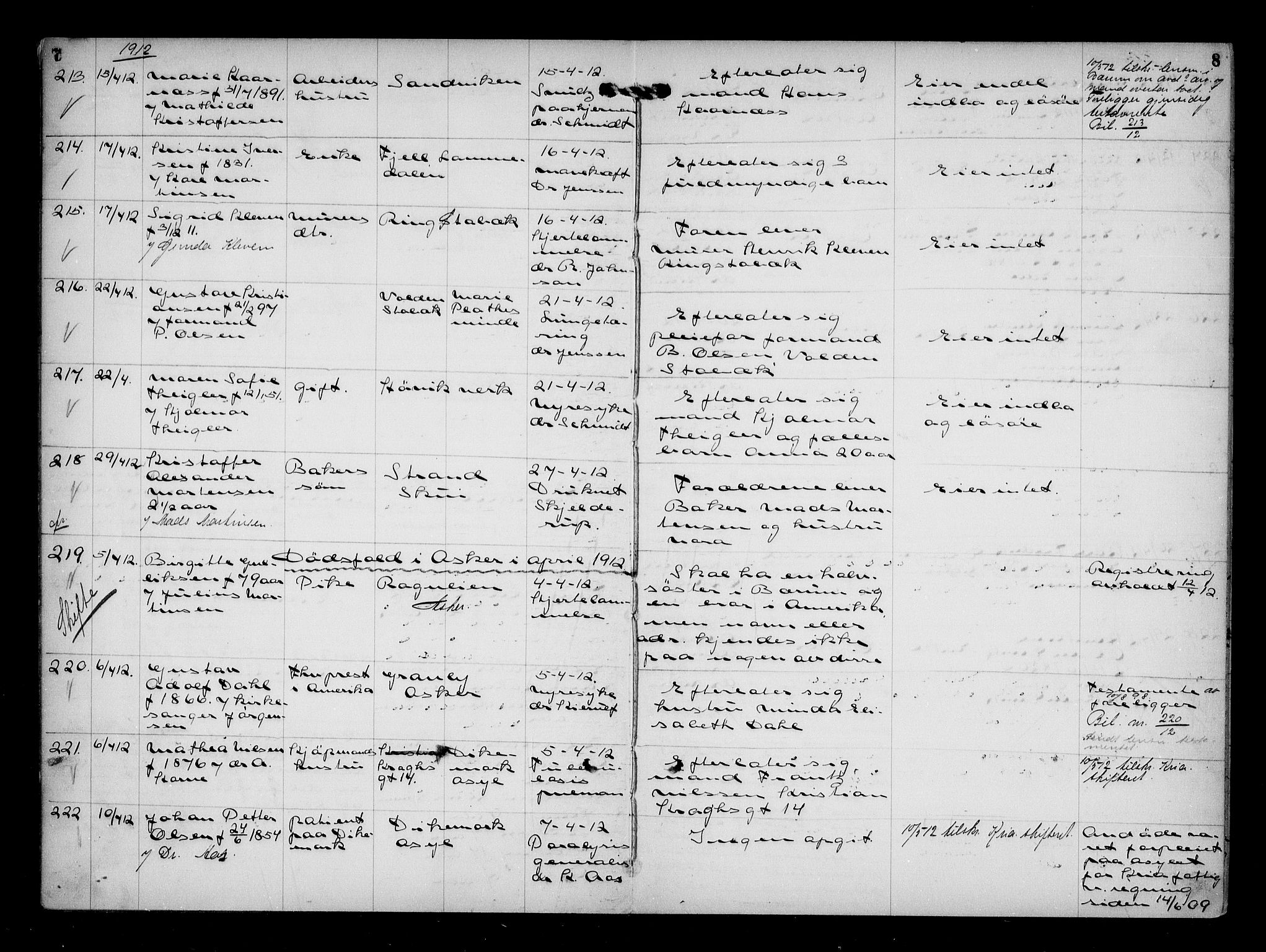 Aker kriminaldommer, skifte- og auksjonsforvalterembete, AV/SAO-A-10452/H/Hb/Hba/Hbaa/L0003: Dødsfallsprotokoll, 1912-1914, s. 7-8