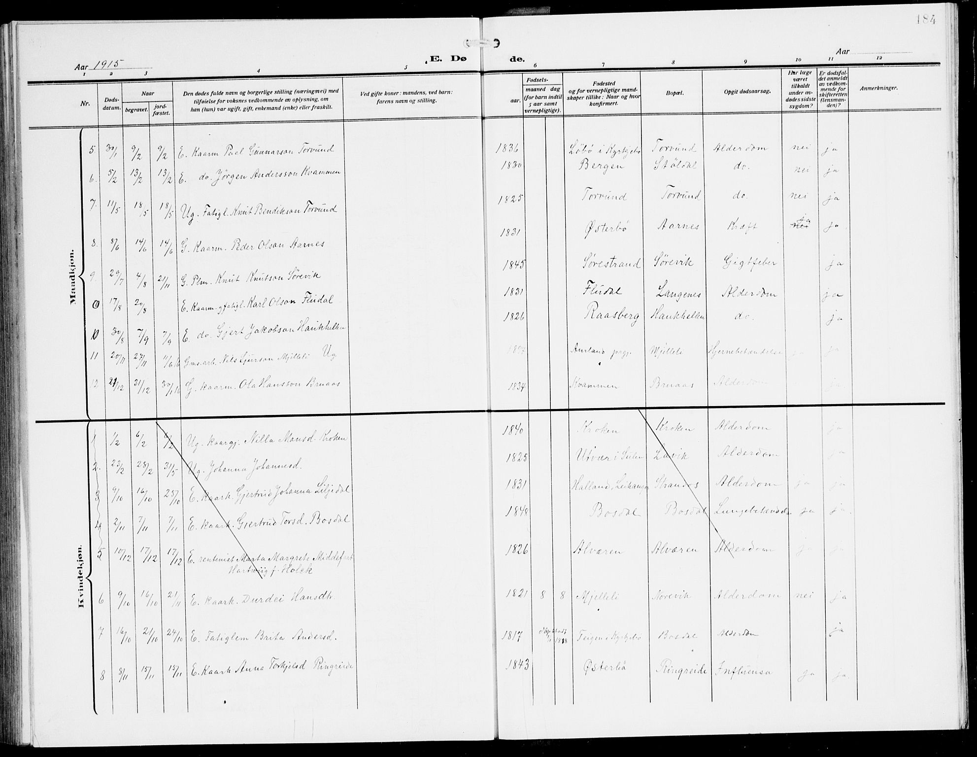 Lavik sokneprestembete, AV/SAB-A-80901: Klokkerbok nr. A 3, 1911-1942, s. 184