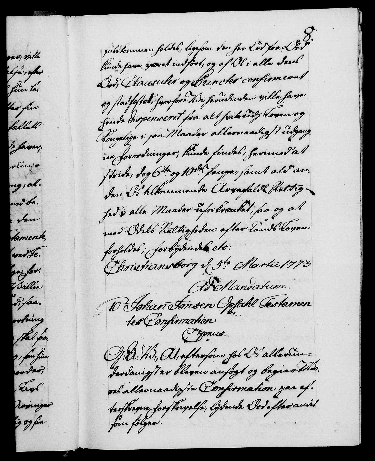 Danske Kanselli 1572-1799, AV/RA-EA-3023/F/Fc/Fca/Fcaa/L0046: Norske registre, 1773-1775, s. 8a