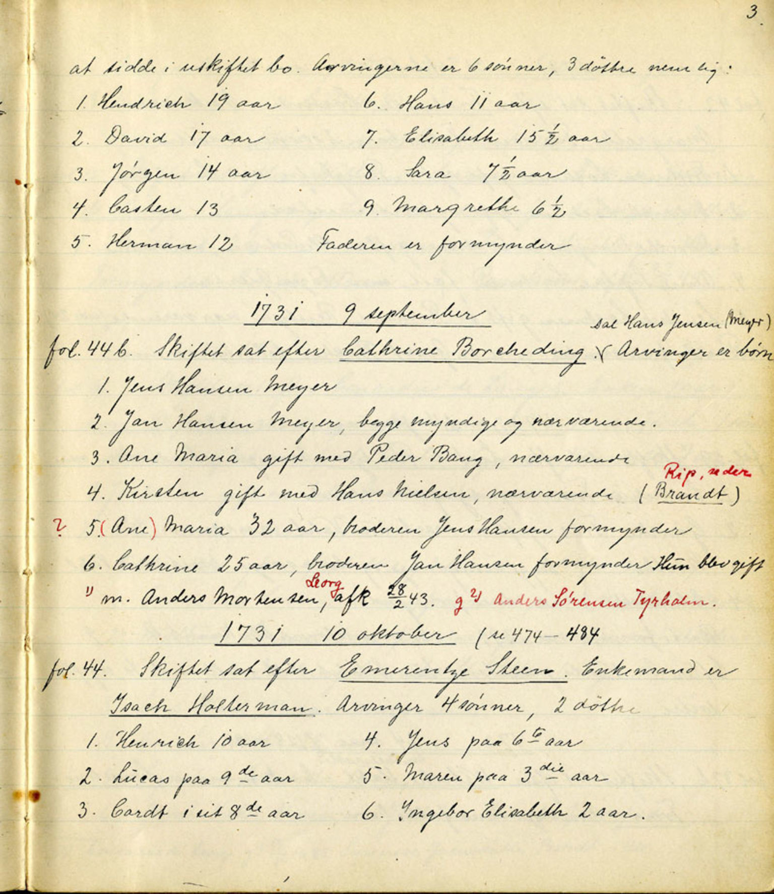 Sollied, Olaf og Thora - samlinger, SAB/SAB/DA-0401/01/L0010/0001: Skifte: Utdrag av skifteprotokoller / 92 Skifteprotokoller: utdrag, 1731-1740, s. 3