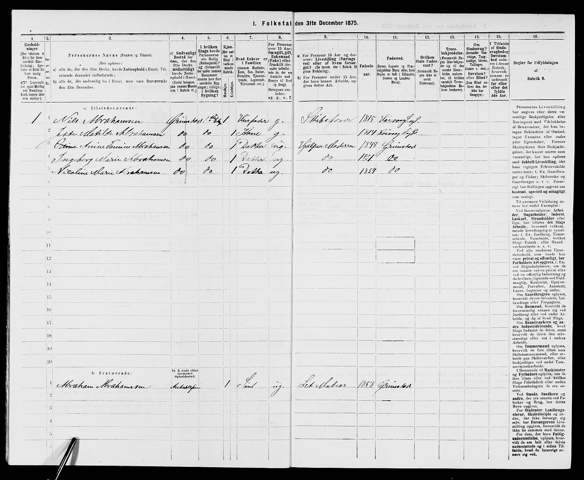 SAK, Folketelling 1875 for 0904B Fjære prestegjeld, Grimstad kjøpstad, 1875, s. 11