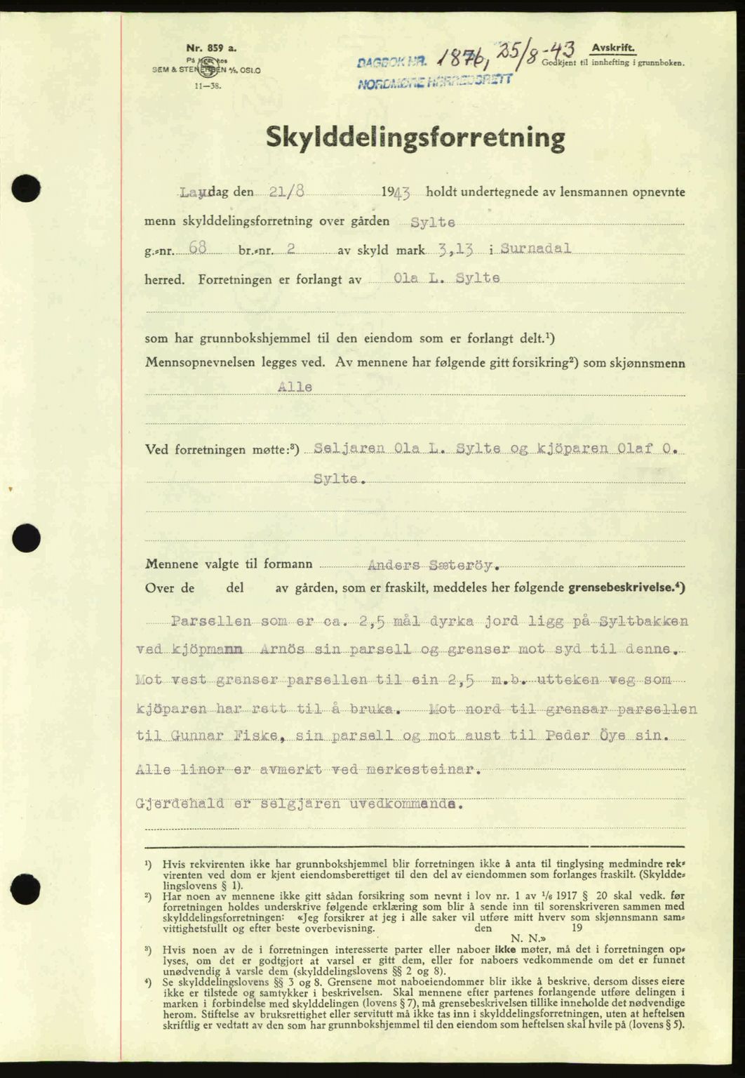 Nordmøre sorenskriveri, AV/SAT-A-4132/1/2/2Ca: Pantebok nr. A95, 1943-1943, Dagboknr: 1876/1943