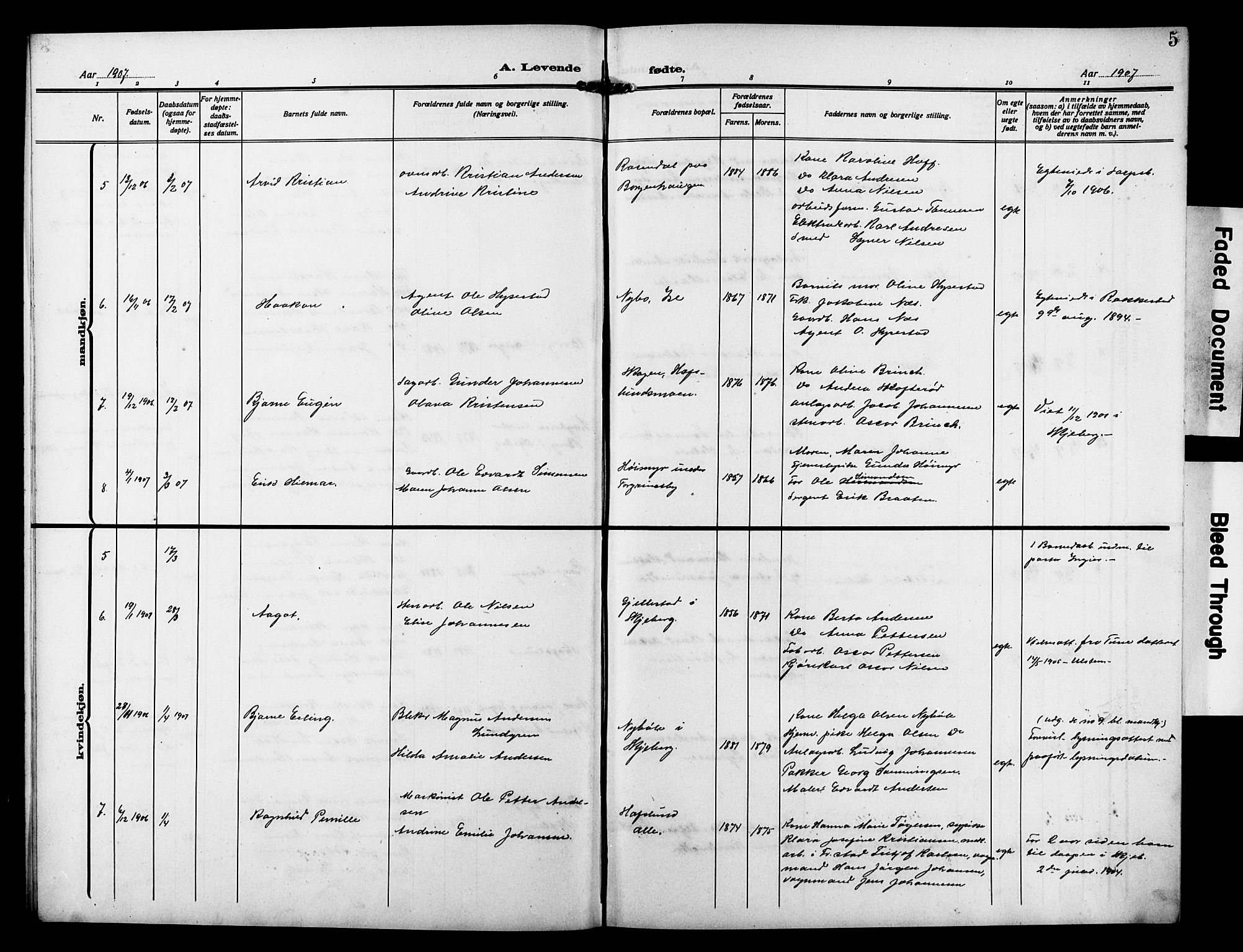 Skjeberg prestekontor Kirkebøker, AV/SAO-A-10923/G/Gd/L0001: Klokkerbok nr. IV 1, 1907-1917, s. 5