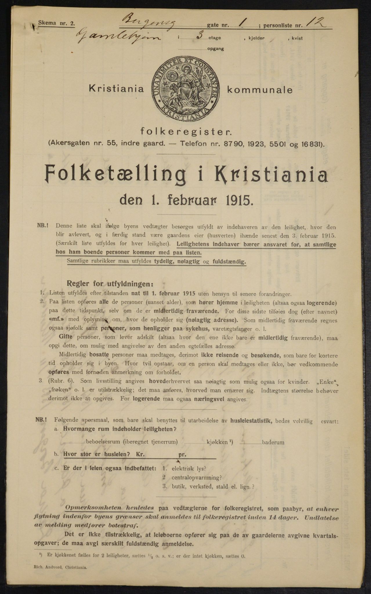 OBA, Kommunal folketelling 1.2.1915 for Kristiania, 1915, s. 3745