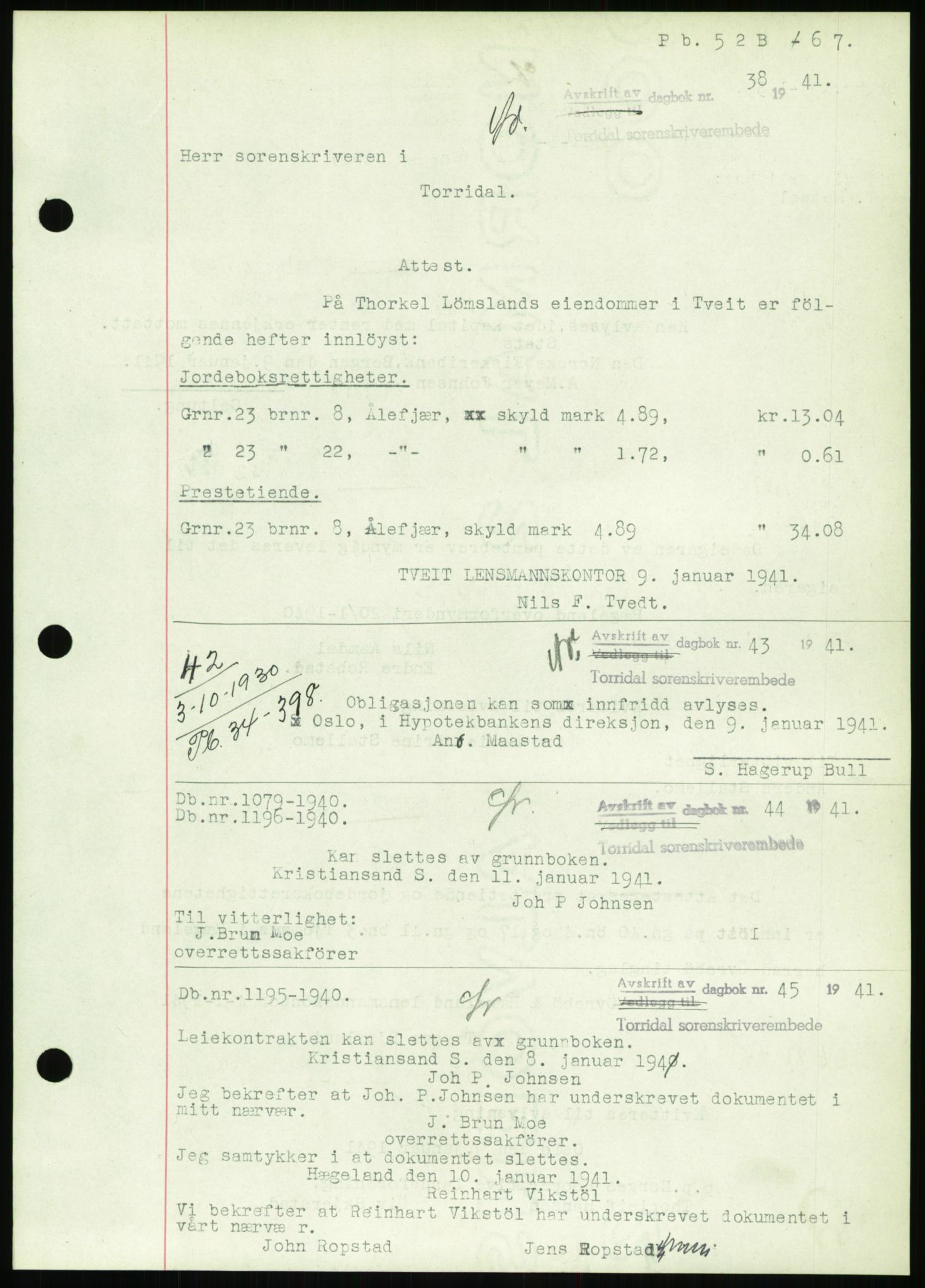 Torridal sorenskriveri, SAK/1221-0012/G/Gb/Gbb/L0008: Pantebok nr. 52b, 1940-1942, Dagboknr: 38/1941