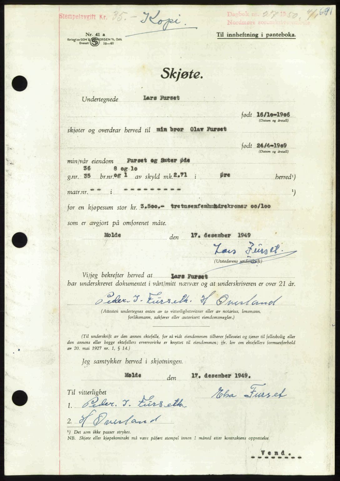 Nordmøre sorenskriveri, AV/SAT-A-4132/1/2/2Ca: Pantebok nr. A113, 1949-1950, Dagboknr: 27/1950