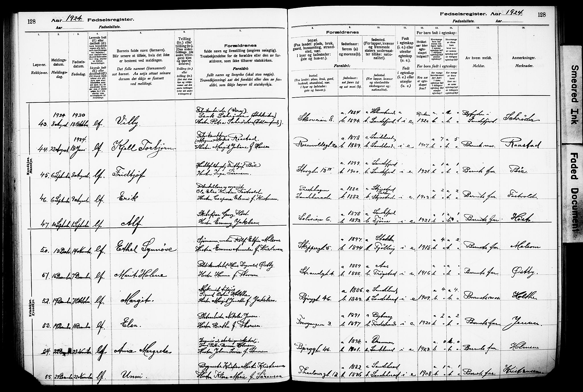 Sandefjord kirkebøker, AV/SAKO-A-315/J/Ja/L0001: Fødselsregister nr. 1, 1916-1932, s. 128