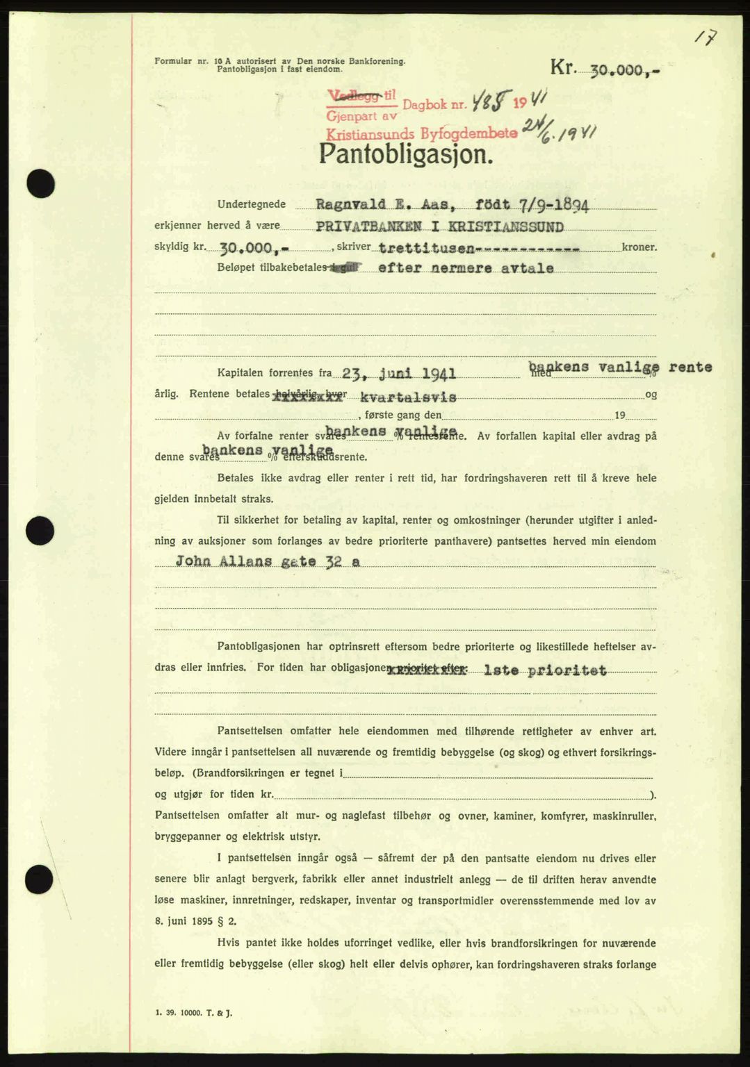 Kristiansund byfogd, AV/SAT-A-4587/A/27: Pantebok nr. 35, 1941-1942, Dagboknr: 485/1941