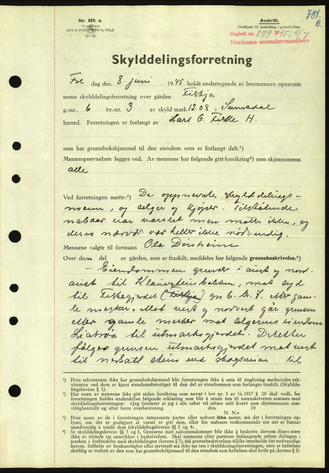 Nordmøre sorenskriveri, SAT/A-4132/1/2/2Ca: Pantebok nr. A99, 1945-1945, Dagboknr: 899/1945