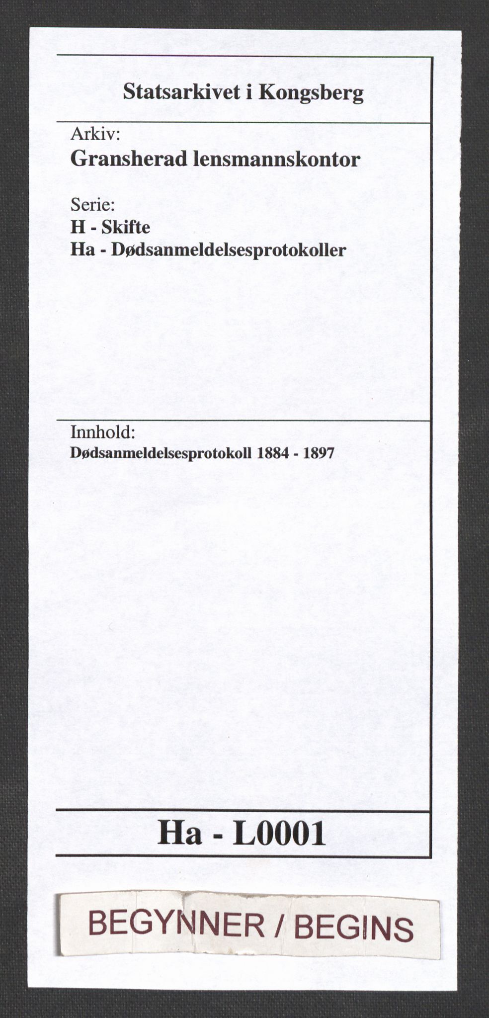 Gransherad lensmannskontor, AV/SAKO-A-557/H/Ha/L0001: Dødsanmeldelsesprotokoll, 1884-1897