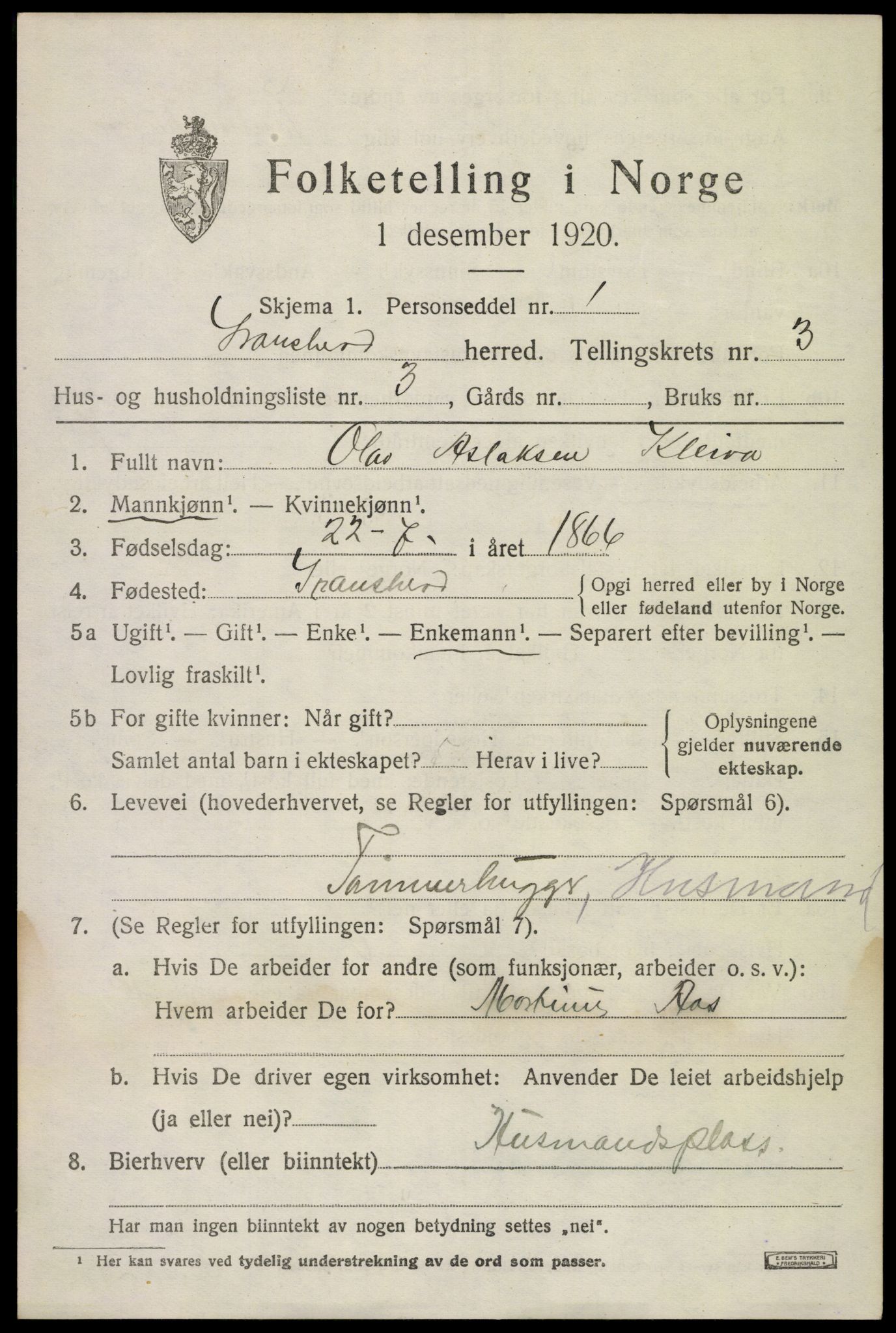 SAKO, Folketelling 1920 for 0824 Gransherad herred, 1920, s. 1426