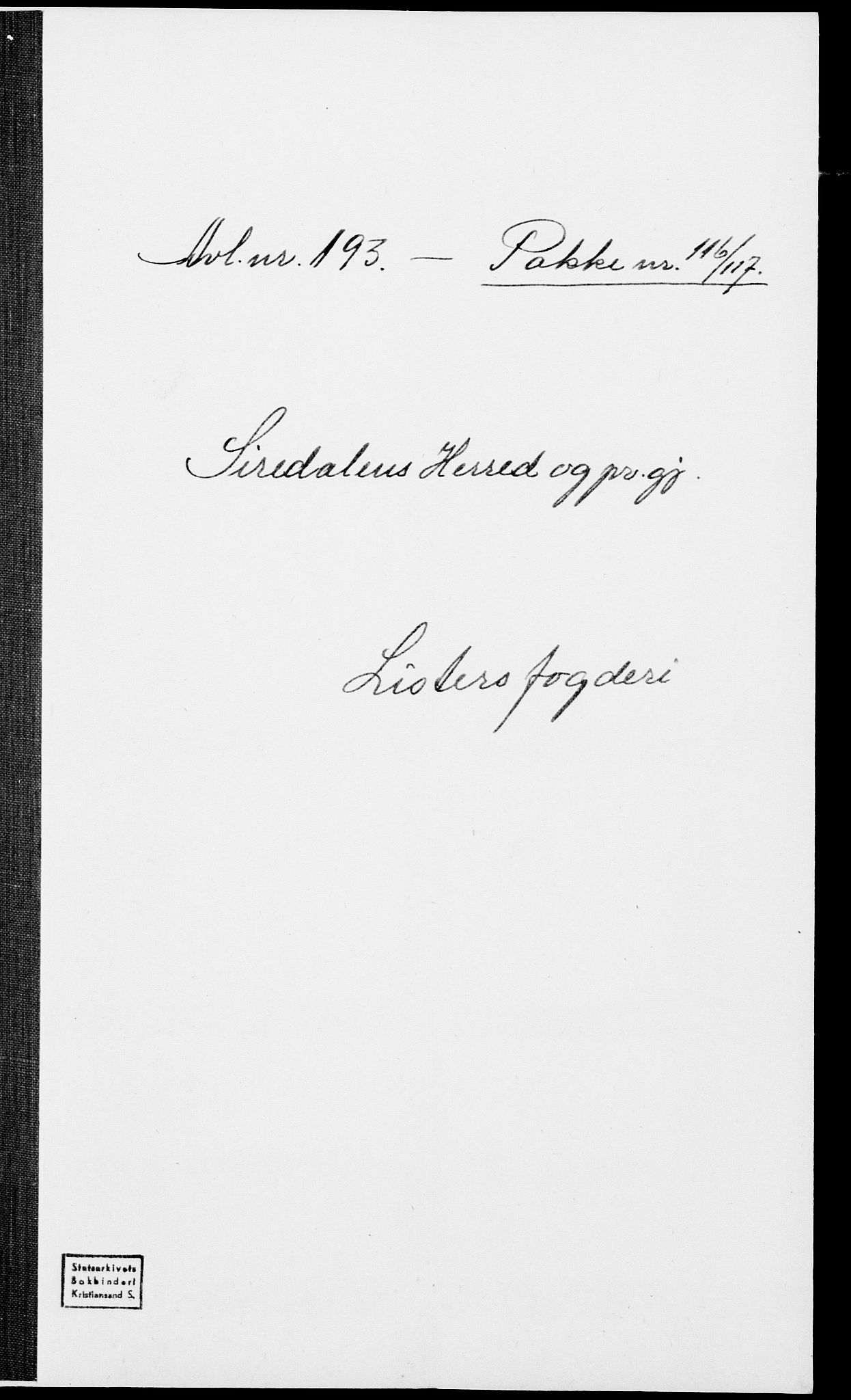SAK, Folketelling 1875 for 1046P Sirdal prestegjeld, 1875, s. 1