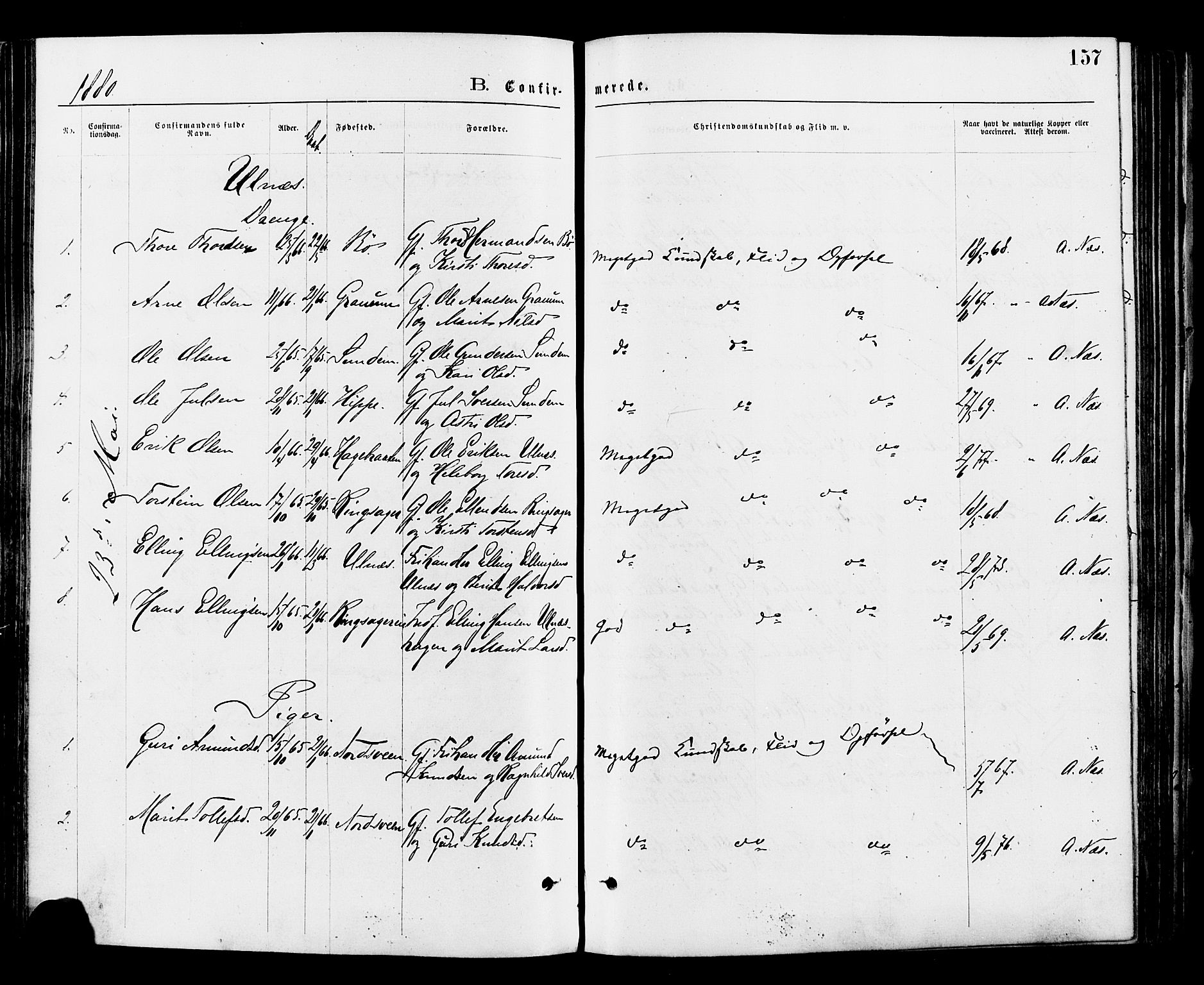 Nord-Aurdal prestekontor, SAH/PREST-132/H/Ha/Haa/L0009: Ministerialbok nr. 9, 1876-1882, s. 157