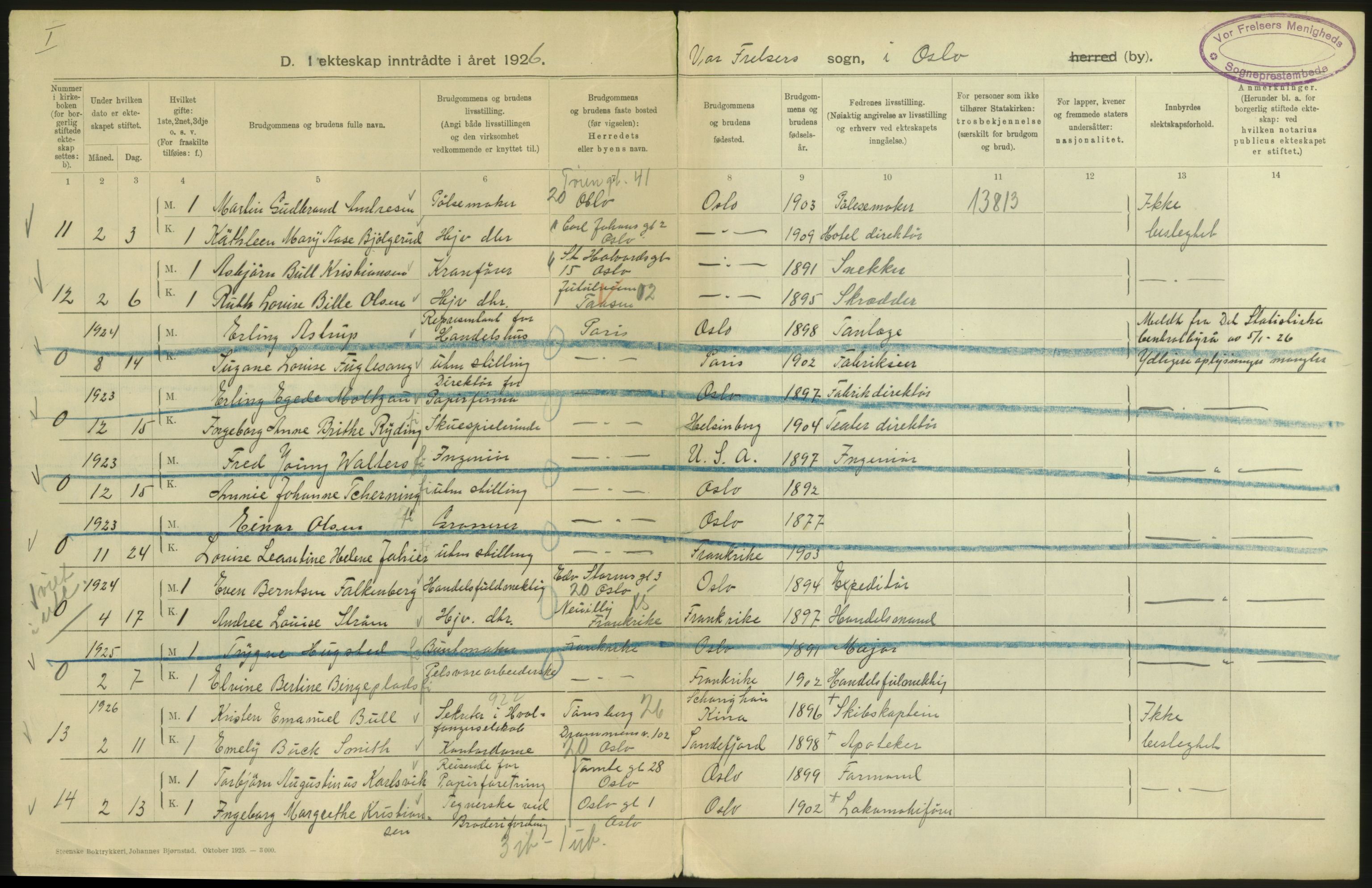 Statistisk sentralbyrå, Sosiodemografiske emner, Befolkning, AV/RA-S-2228/D/Df/Dfc/Dfcf/L0008: Oslo: Gifte, 1926, s. 60