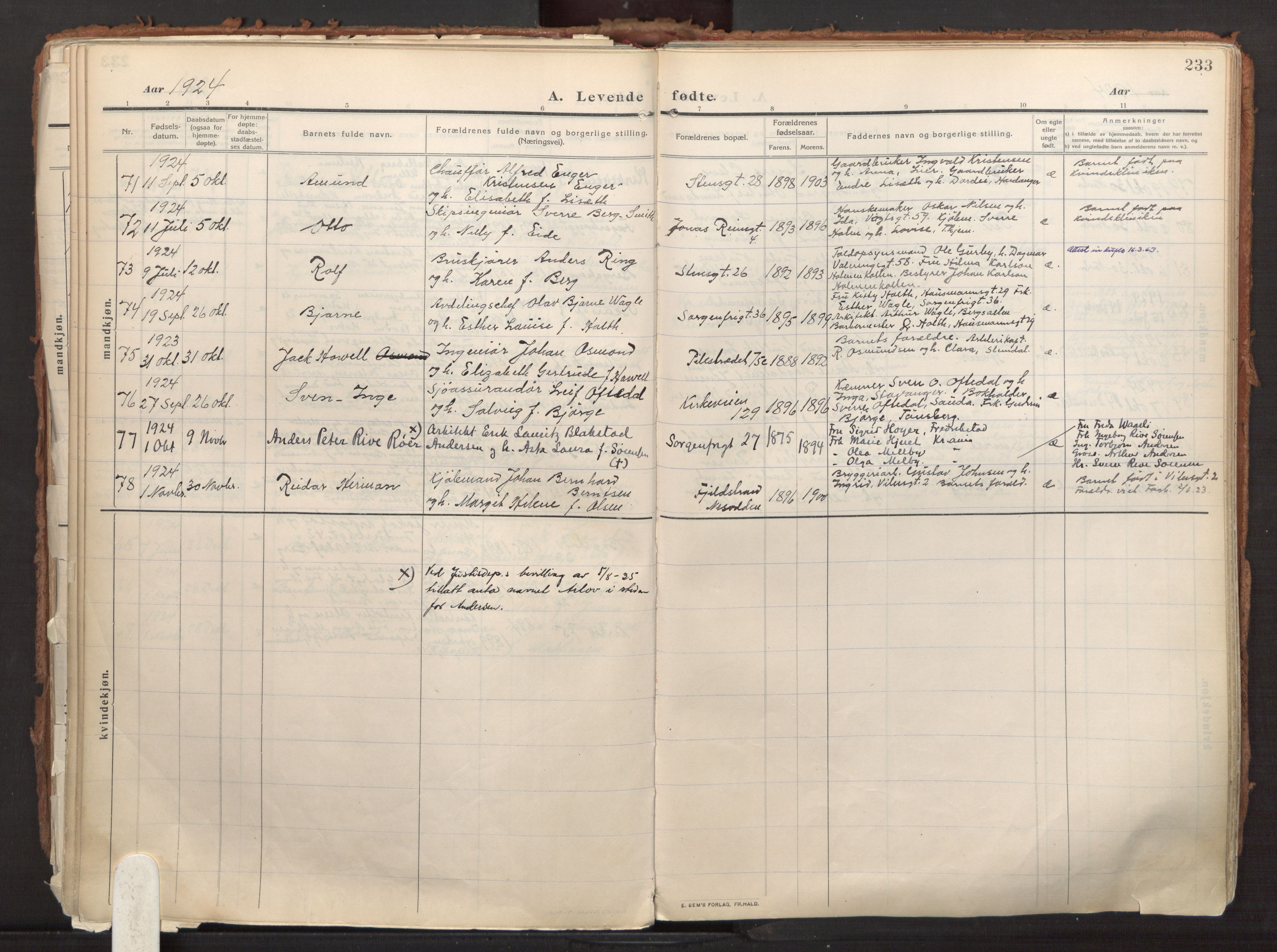 Fagerborg prestekontor Kirkebøker, AV/SAO-A-10844/F/Fa/L0005: Ministerialbok nr. 5, 1909-1935, s. 233