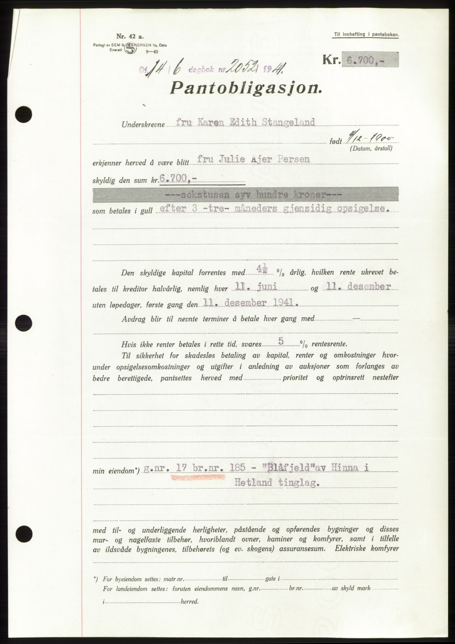 Jæren sorenskriveri, SAST/A-100310/03/G/Gba/L0080: Pantebok, 1941-1941, Dagboknr: 2052/1941