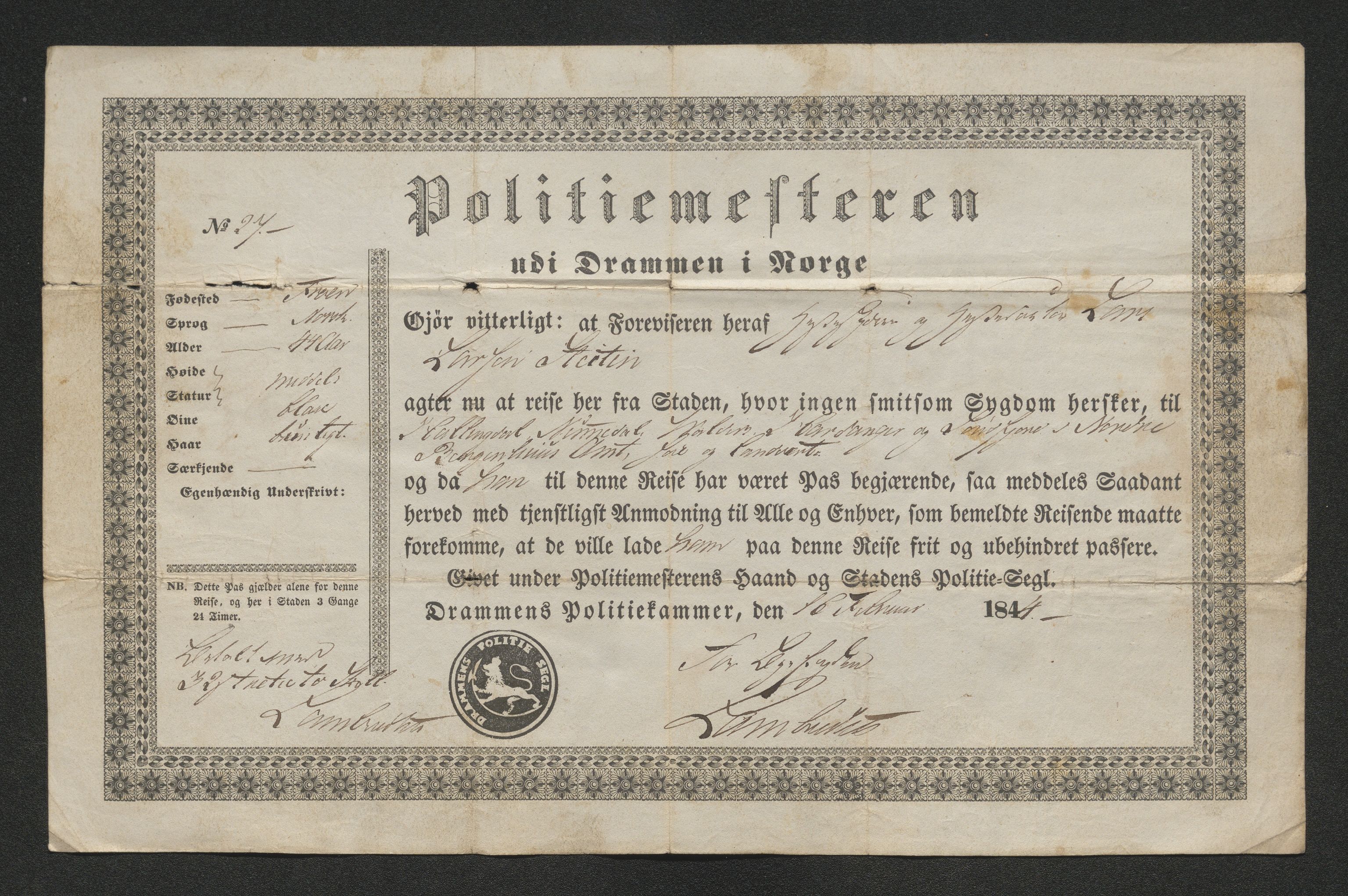 Drammen politikammer, SAKO/A-623/I/Ia/Iab/L0007: Innleverte pass, 1843-1844, s. 571