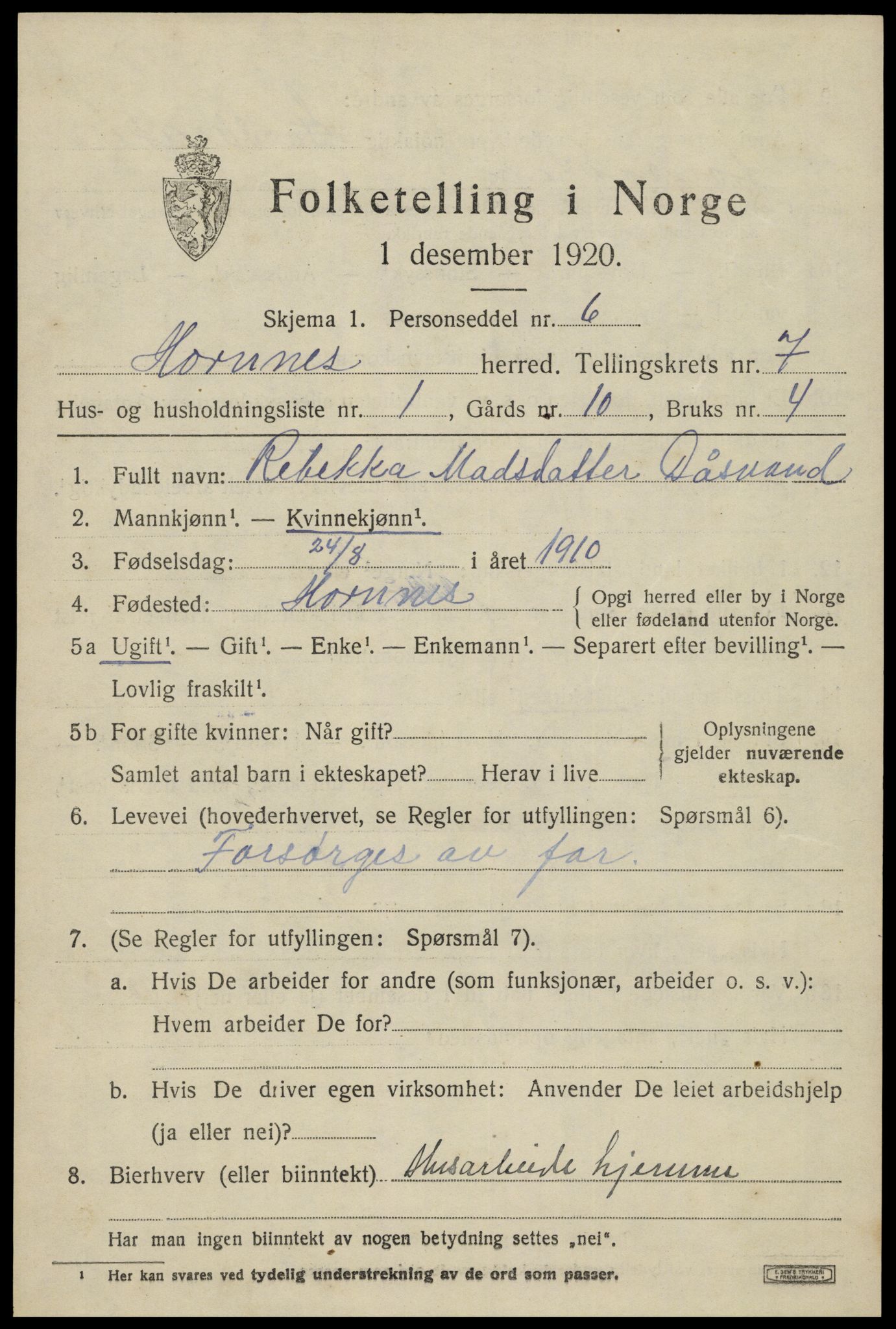 SAK, Folketelling 1920 for 0936 Hornnes herred, 1920, s. 1657