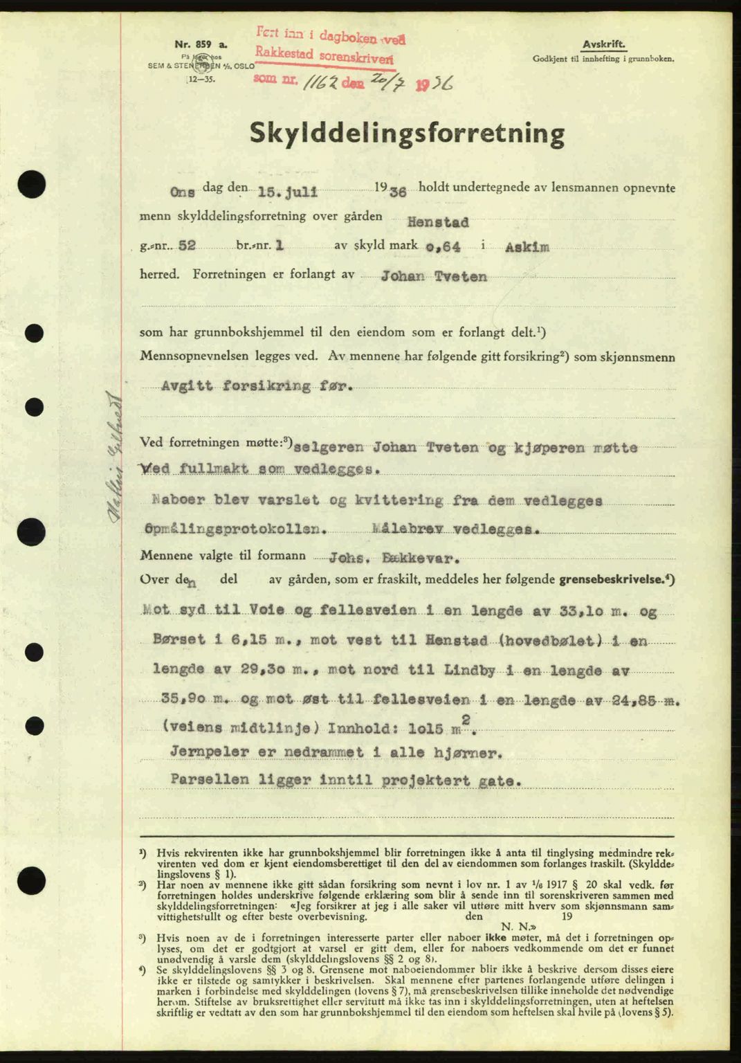 Rakkestad sorenskriveri, SAO/A-10686/G/Gb/Gba/Gbab/L0001: Pantebok nr. A1, 1936-1937, Dagboknr: 1162/1936