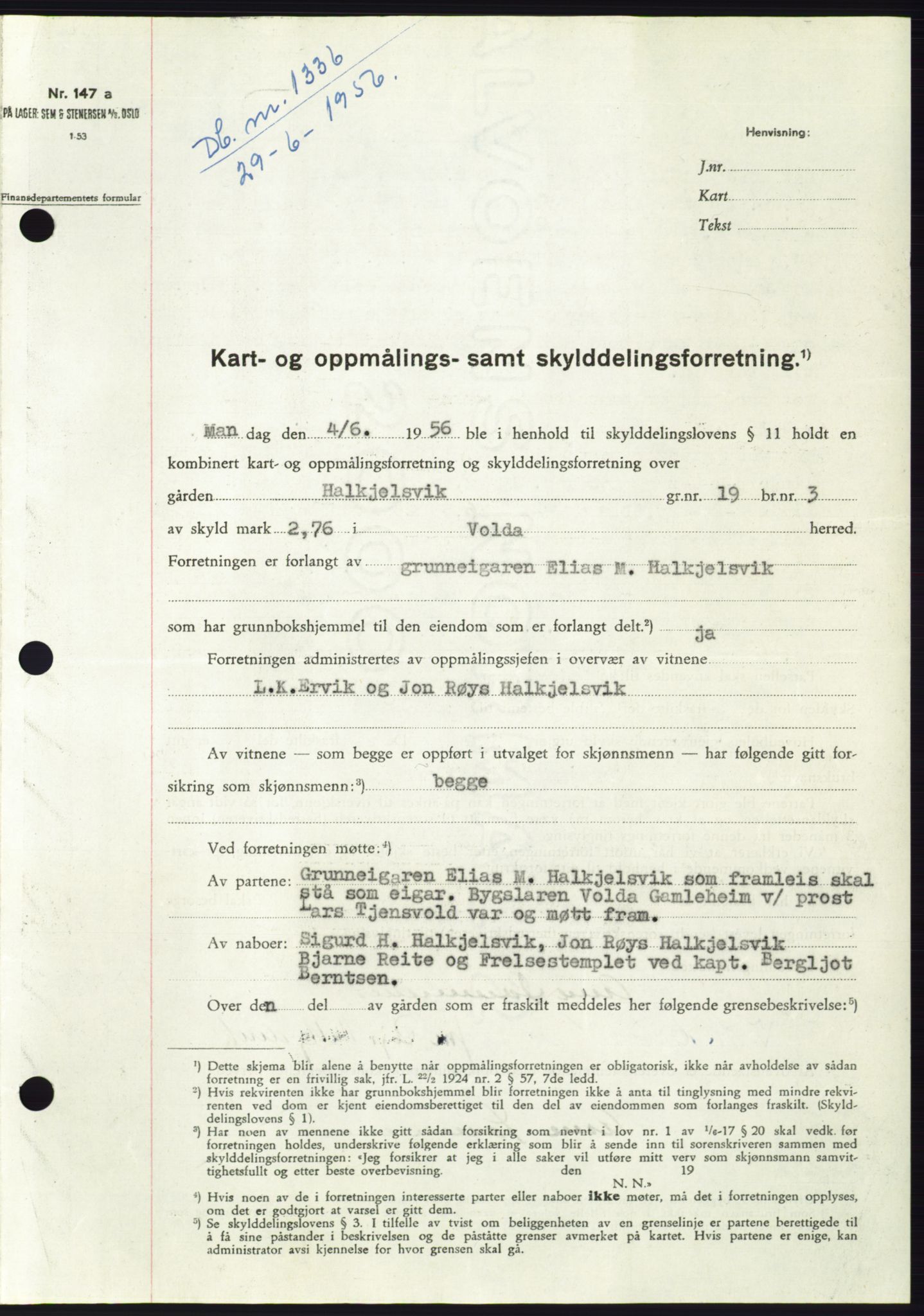 Søre Sunnmøre sorenskriveri, AV/SAT-A-4122/1/2/2C/L0104: Pantebok nr. 30A, 1956-1956, Dagboknr: 1336/1956