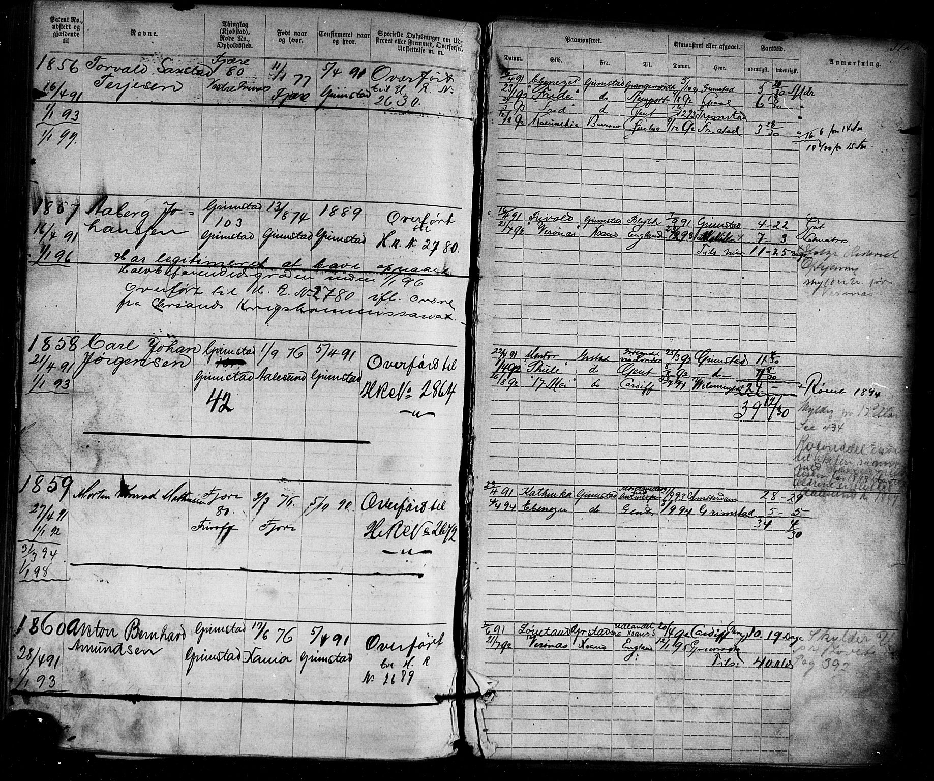 Grimstad mønstringskrets, AV/SAK-2031-0013/F/Fa/L0005: Annotasjonsrulle nr 1-1910 med register, V-18, 1870-1892, s. 412