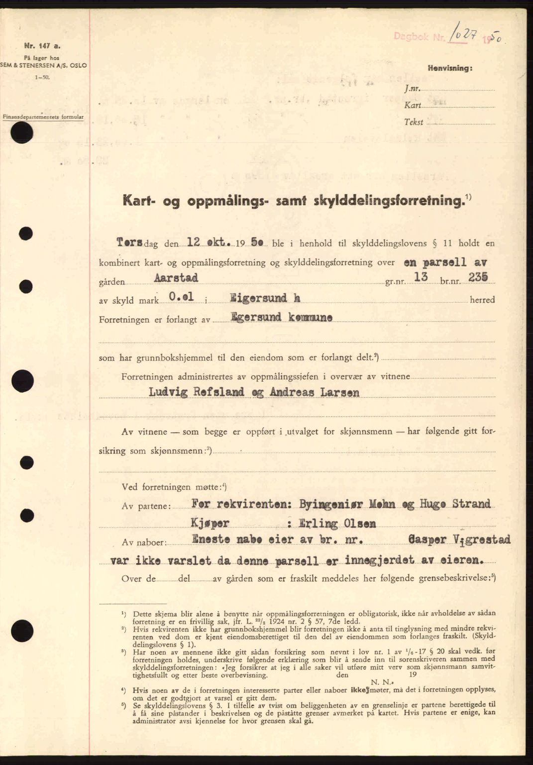 Dalane sorenskriveri, SAST/A-100309/02/G/Gb/L0055: Pantebok nr. A15, 1950-1950, Dagboknr: 1027/1950