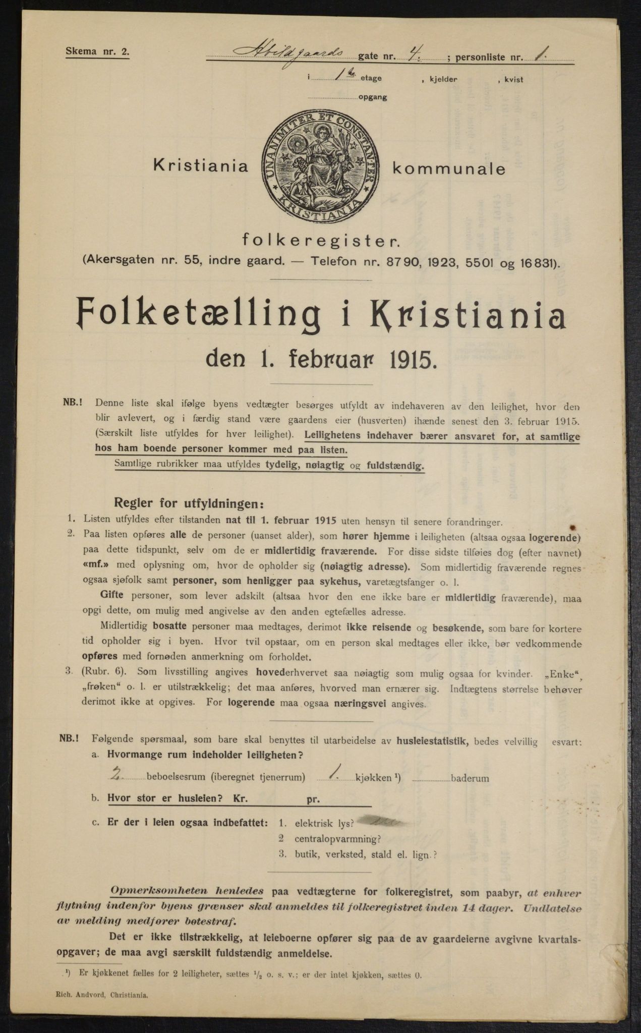 OBA, Kommunal folketelling 1.2.1915 for Kristiania, 1915, s. 16