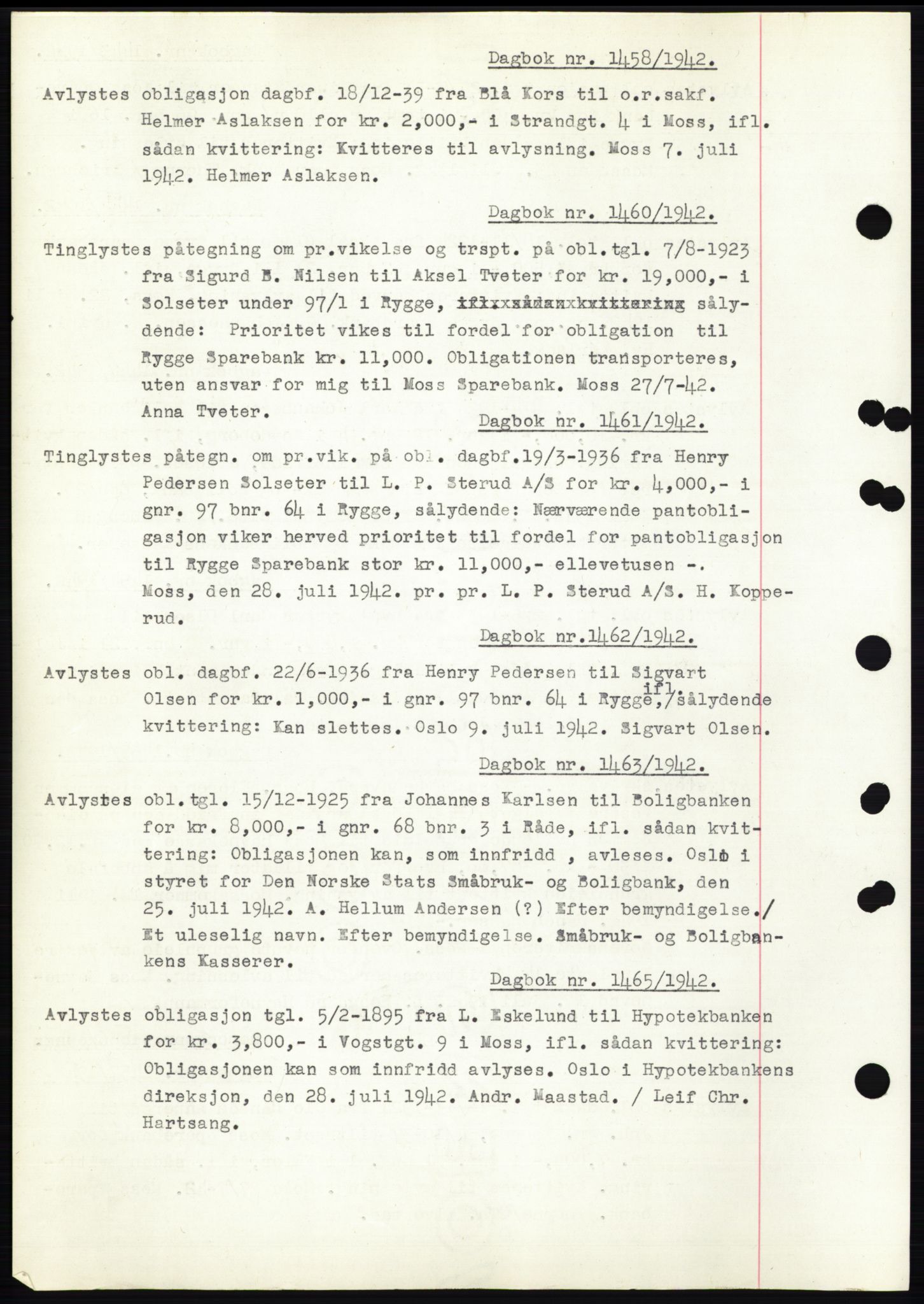 Moss sorenskriveri, SAO/A-10168: Pantebok nr. C10, 1938-1950, Dagboknr: 1458/1942