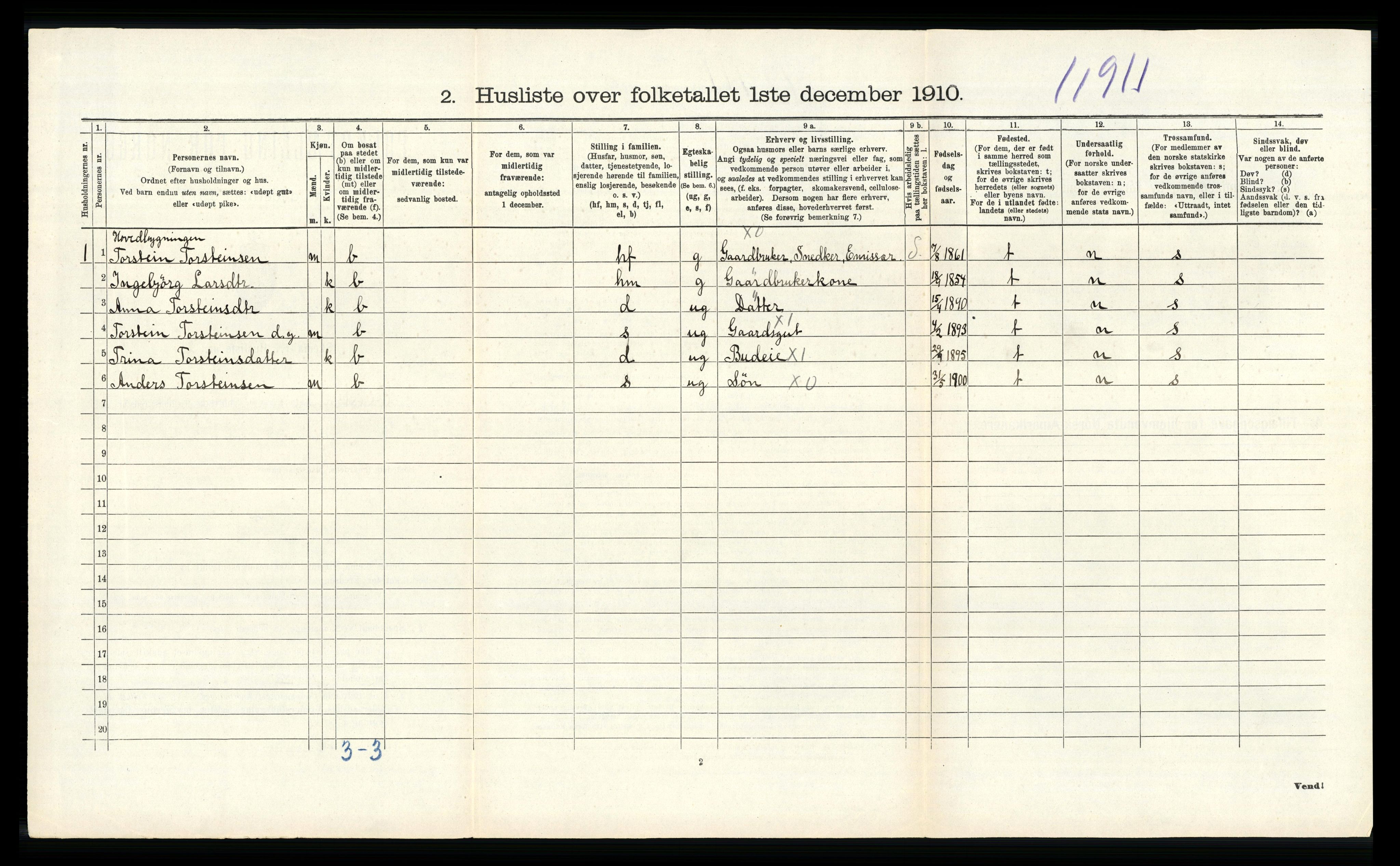 RA, Folketelling 1910 for 1236 Vossestrand herred, 1910, s. 208
