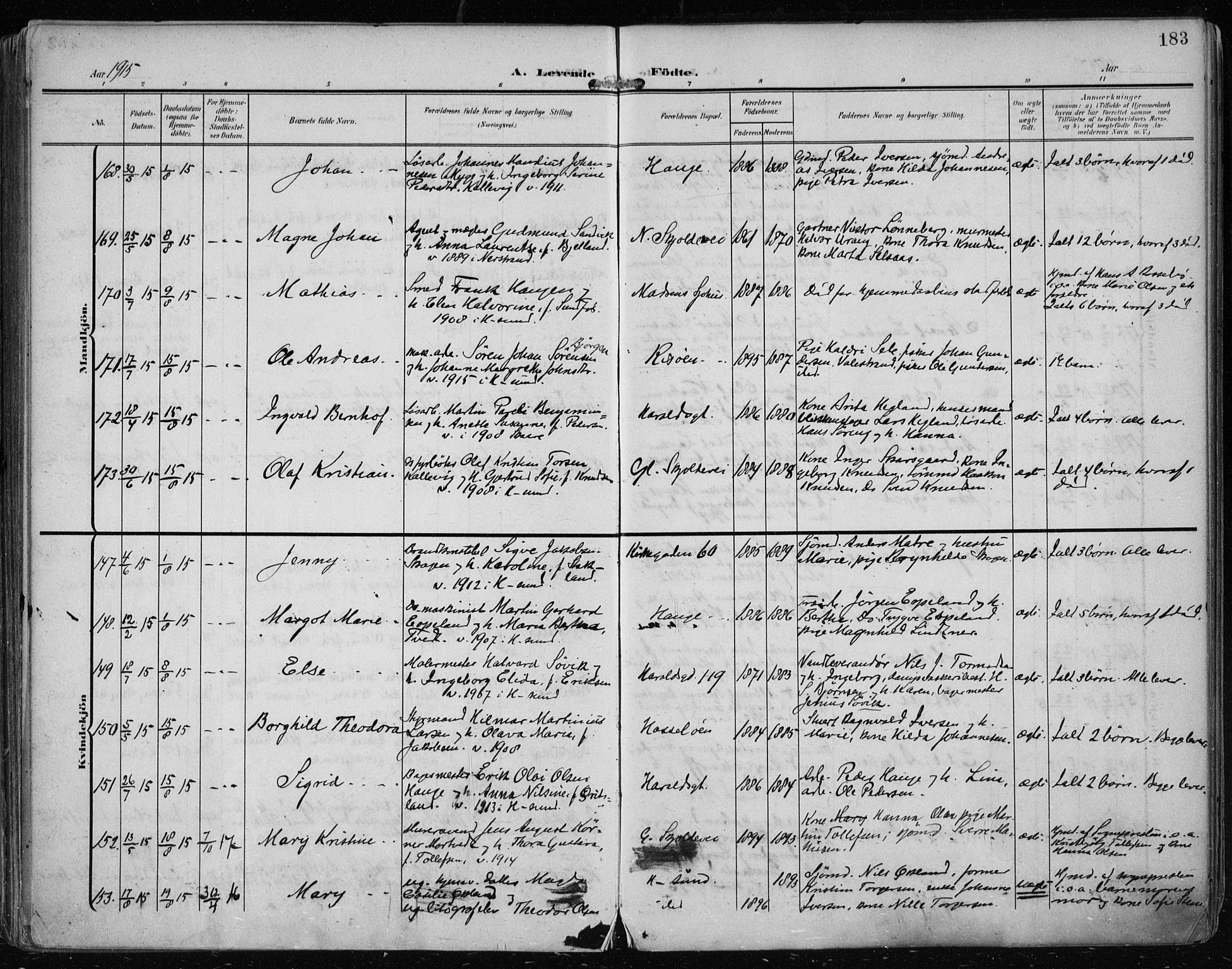 Haugesund sokneprestkontor, AV/SAST-A -101863/H/Ha/Haa/L0008: Ministerialbok nr. A 8, 1908-1921, s. 183