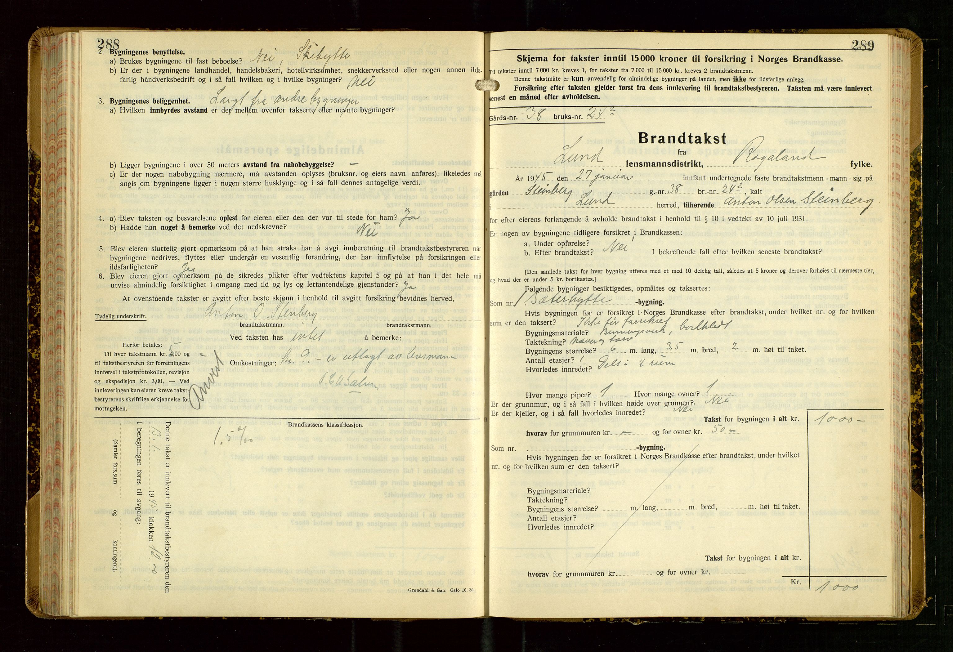 Lund lensmannskontor, SAST/A-100303/Gob/L0006: "Brandtakstprotokoll", 1938-1951, s. 288-289