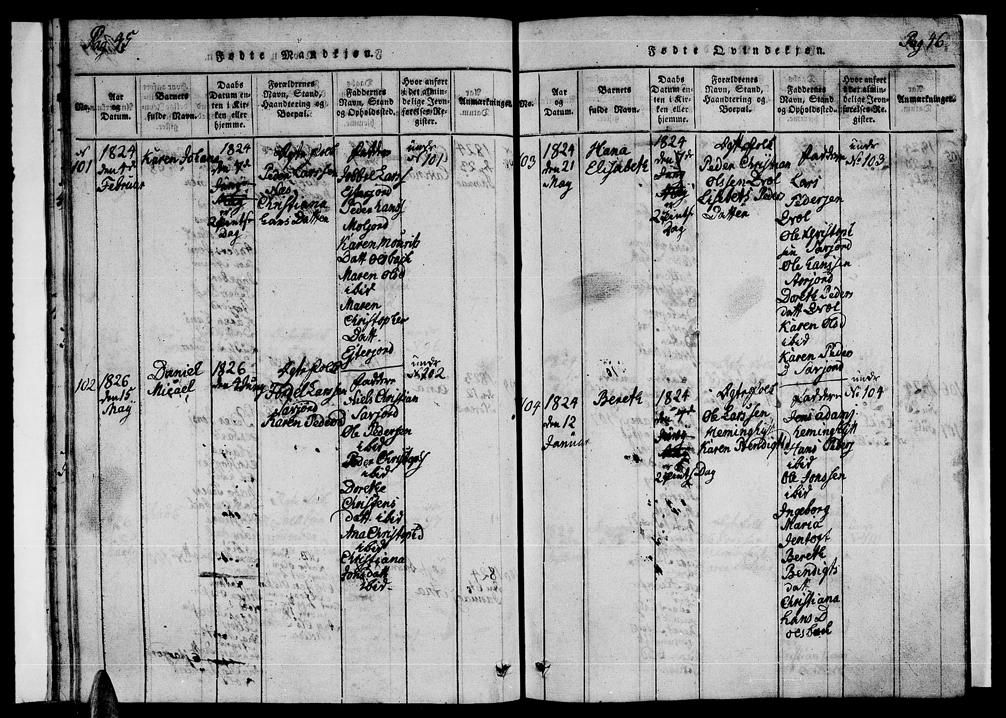 Ministerialprotokoller, klokkerbøker og fødselsregistre - Nordland, SAT/A-1459/846/L0651: Klokkerbok nr. 846C01, 1821-1841, s. 45-46