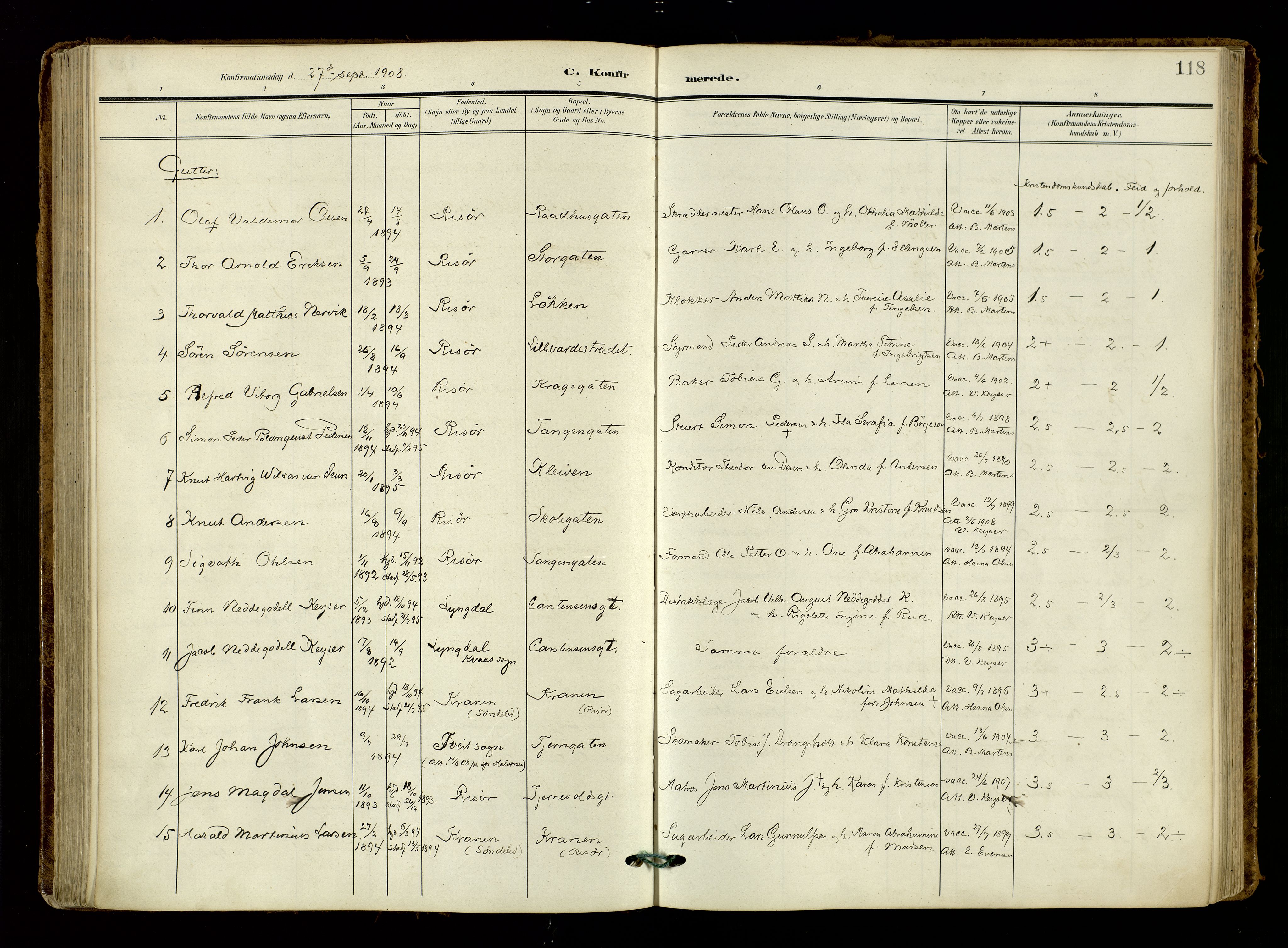 Risør sokneprestkontor, AV/SAK-1111-0035/F/Fa/L0011: Ministerialbok nr. A 11, 1907-1920, s. 118