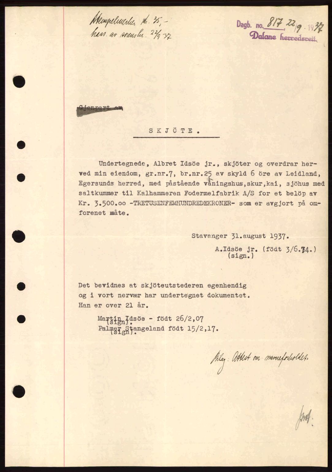 Dalane sorenskriveri, SAST/A-100309/02/G/Gb/L0041: Pantebok nr. A2, 1936-1937, Dagboknr: 817/1937