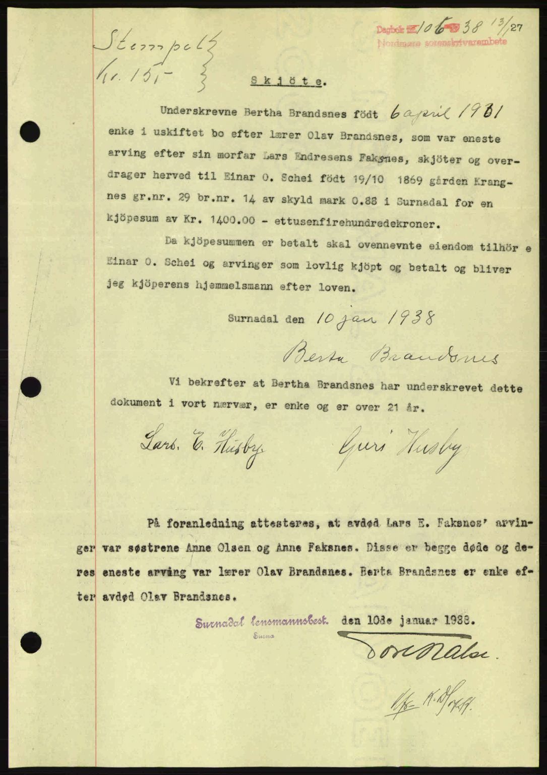 Nordmøre sorenskriveri, SAT/A-4132/1/2/2Ca: Pantebok nr. A83, 1938-1938, Dagboknr: 106/1938