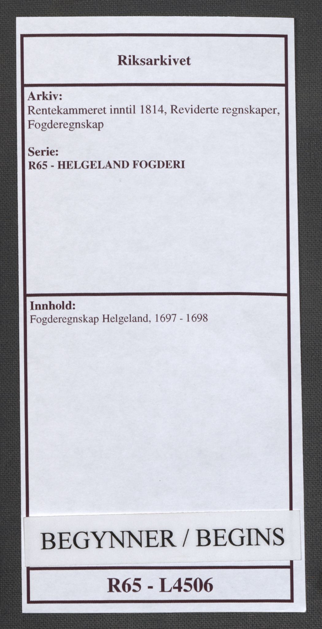 Rentekammeret inntil 1814, Reviderte regnskaper, Fogderegnskap, RA/EA-4092/R65/L4506: Fogderegnskap Helgeland, 1697-1698, s. 1