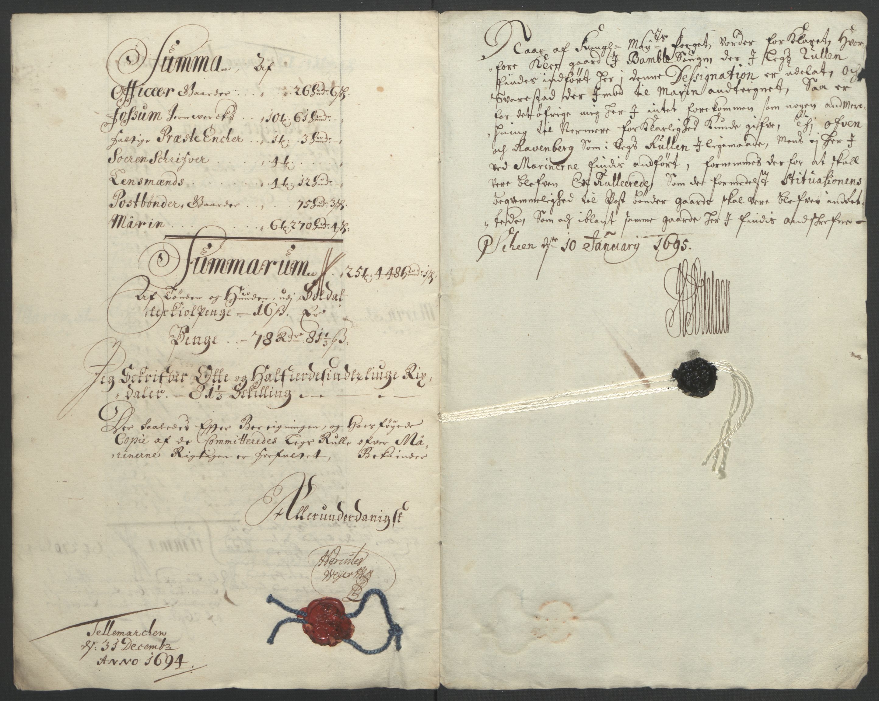 Rentekammeret inntil 1814, Reviderte regnskaper, Fogderegnskap, AV/RA-EA-4092/R36/L2092: Fogderegnskap Øvre og Nedre Telemark og Bamble, 1694, s. 263
