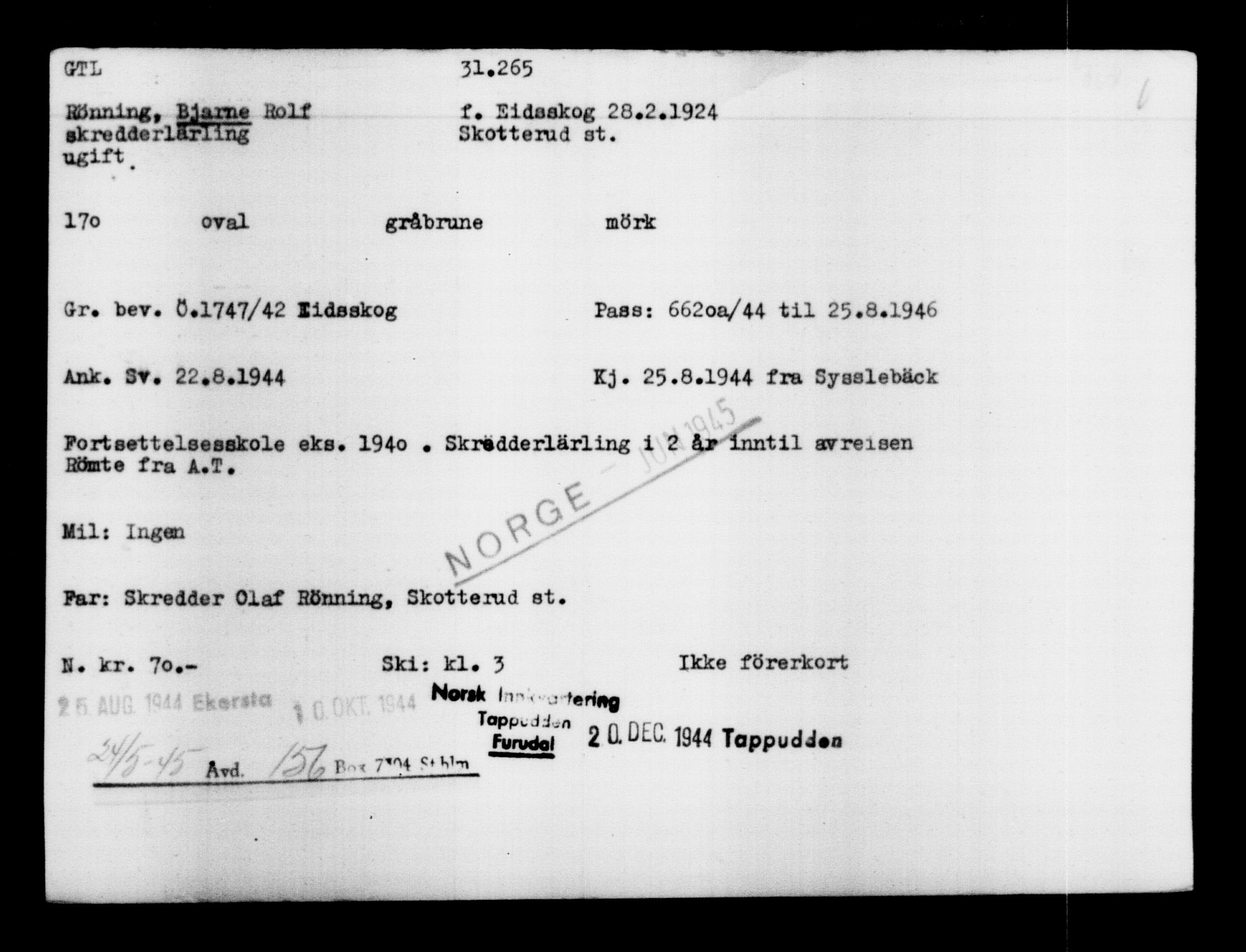 Den Kgl. Norske Legasjons Flyktningskontor, RA/S-6753/V/Va/L0012: Kjesäterkartoteket.  Flyktningenr. 28300-31566, 1940-1945, s. 3212