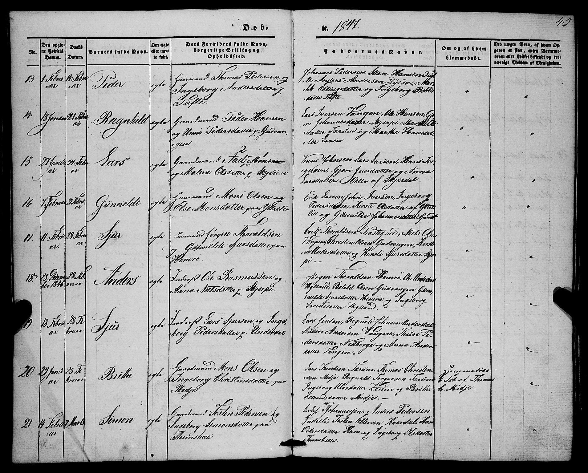 Aurland sokneprestembete, AV/SAB-A-99937/H/Ha/Haa/L0007: Ministerialbok nr. A 7, 1842-1853, s. 45