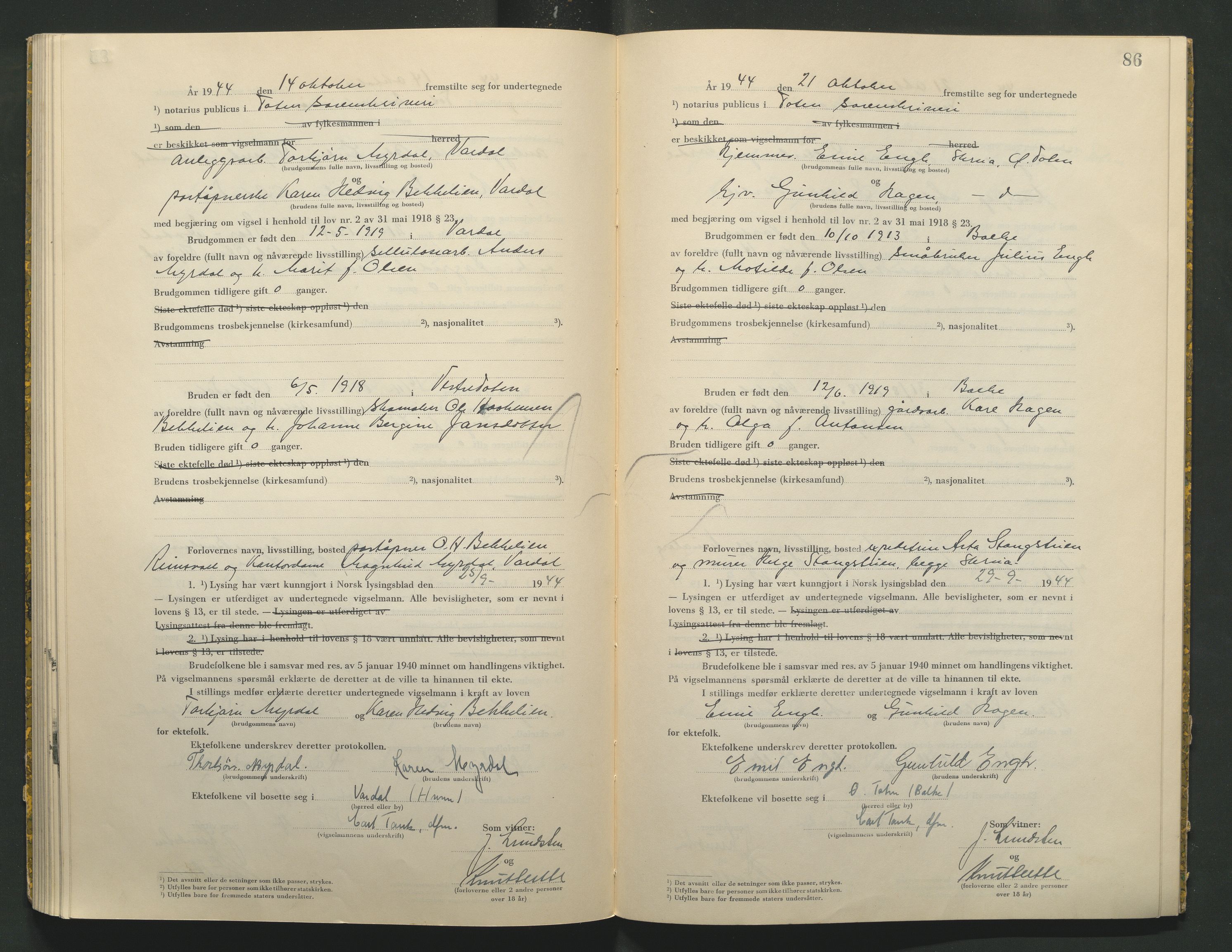 Toten tingrett, AV/SAH-TING-006/L/Lc/L0004: Vigselbok, 1944, s. 86
