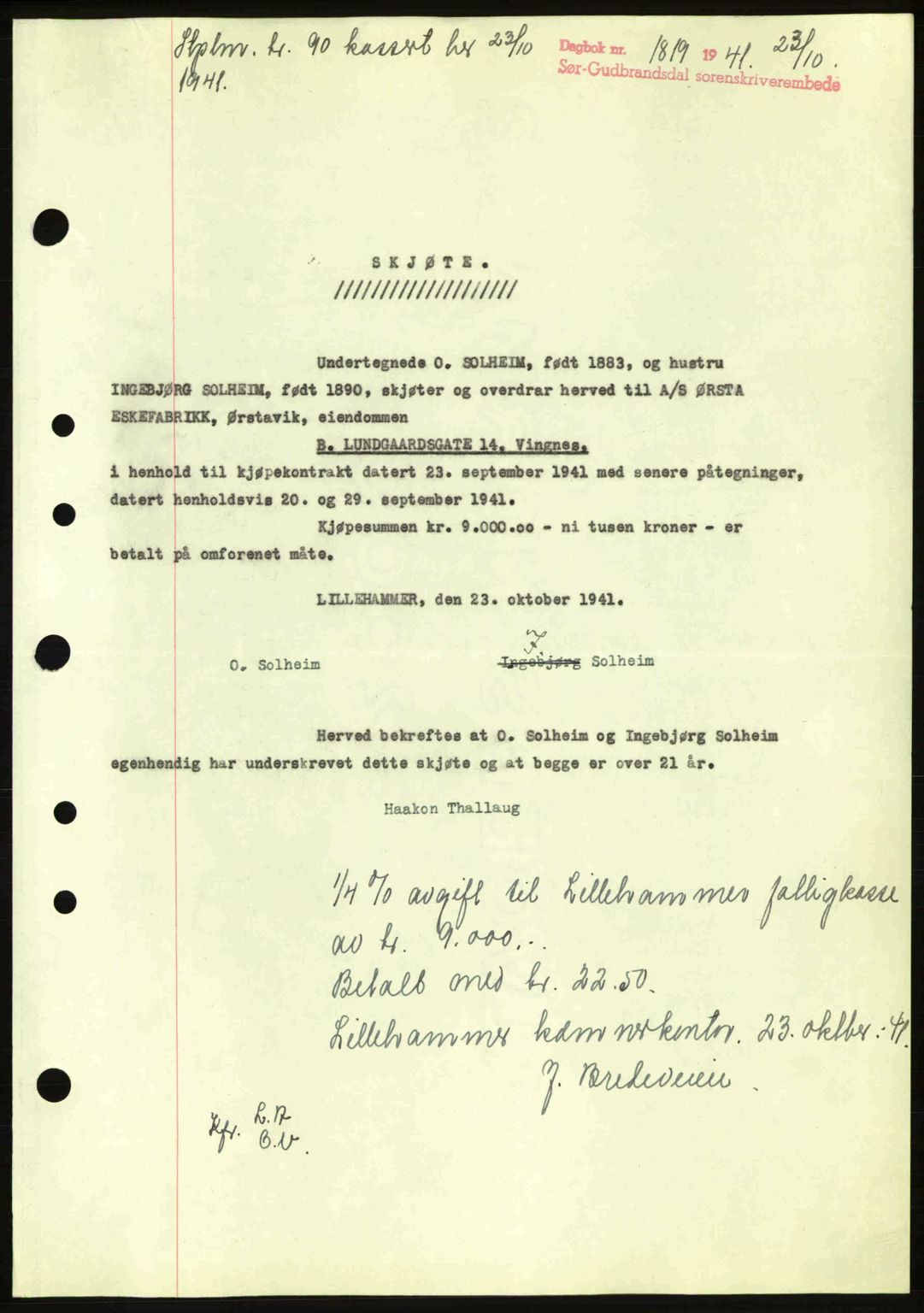 Sør-Gudbrandsdal tingrett, SAH/TING-004/H/Hb/Hbd/L0009: Pantebok nr. A9, 1941-1941, Dagboknr: 1819/1941