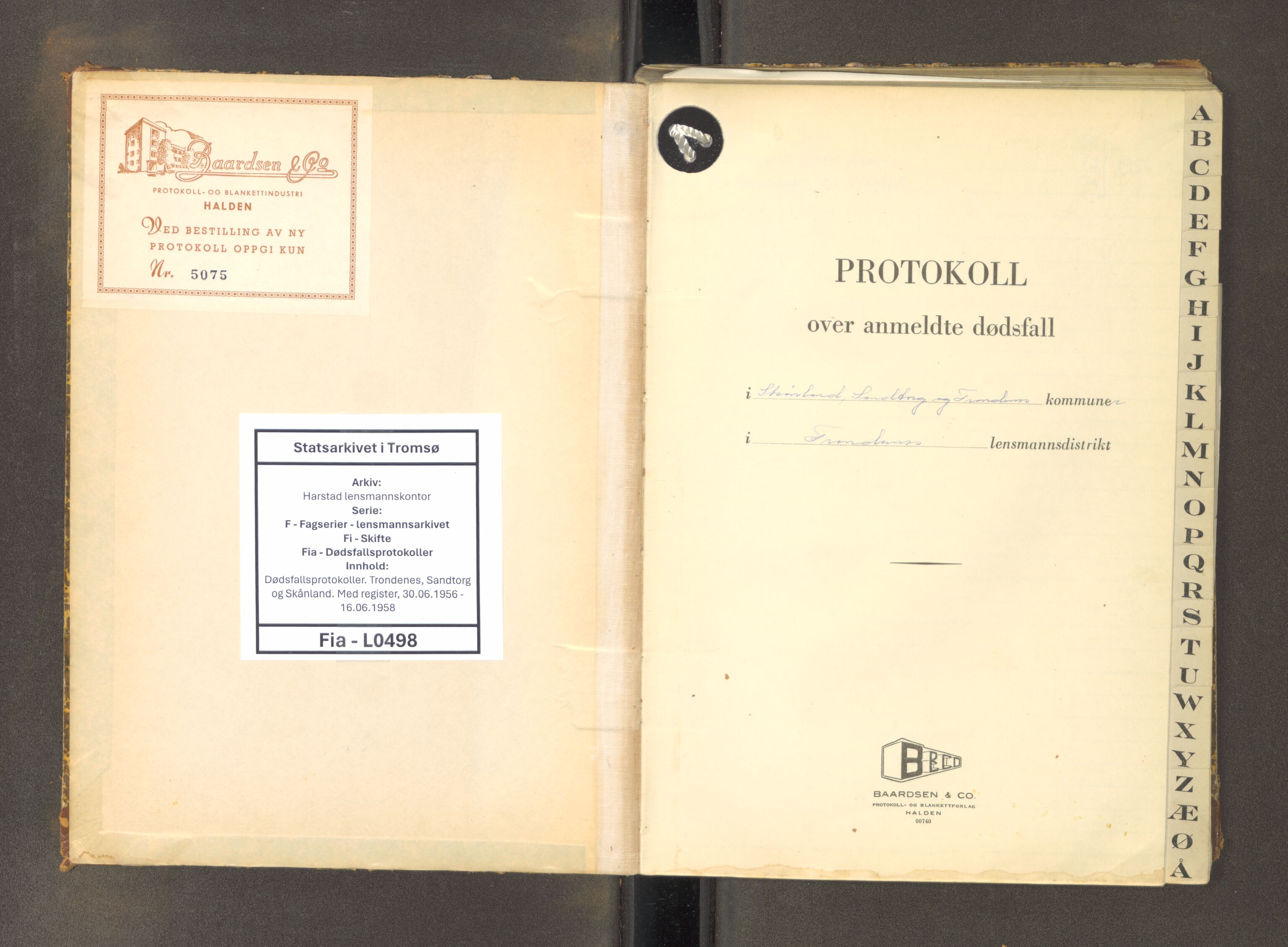 Harstad lensmannskontor, AV/SATØ-SATØ-10/F/Fi/Fia/L0498: Dødsfallsprotokoller. Trondenes, Sandtorg og Skånland. Med register, 1956-1958