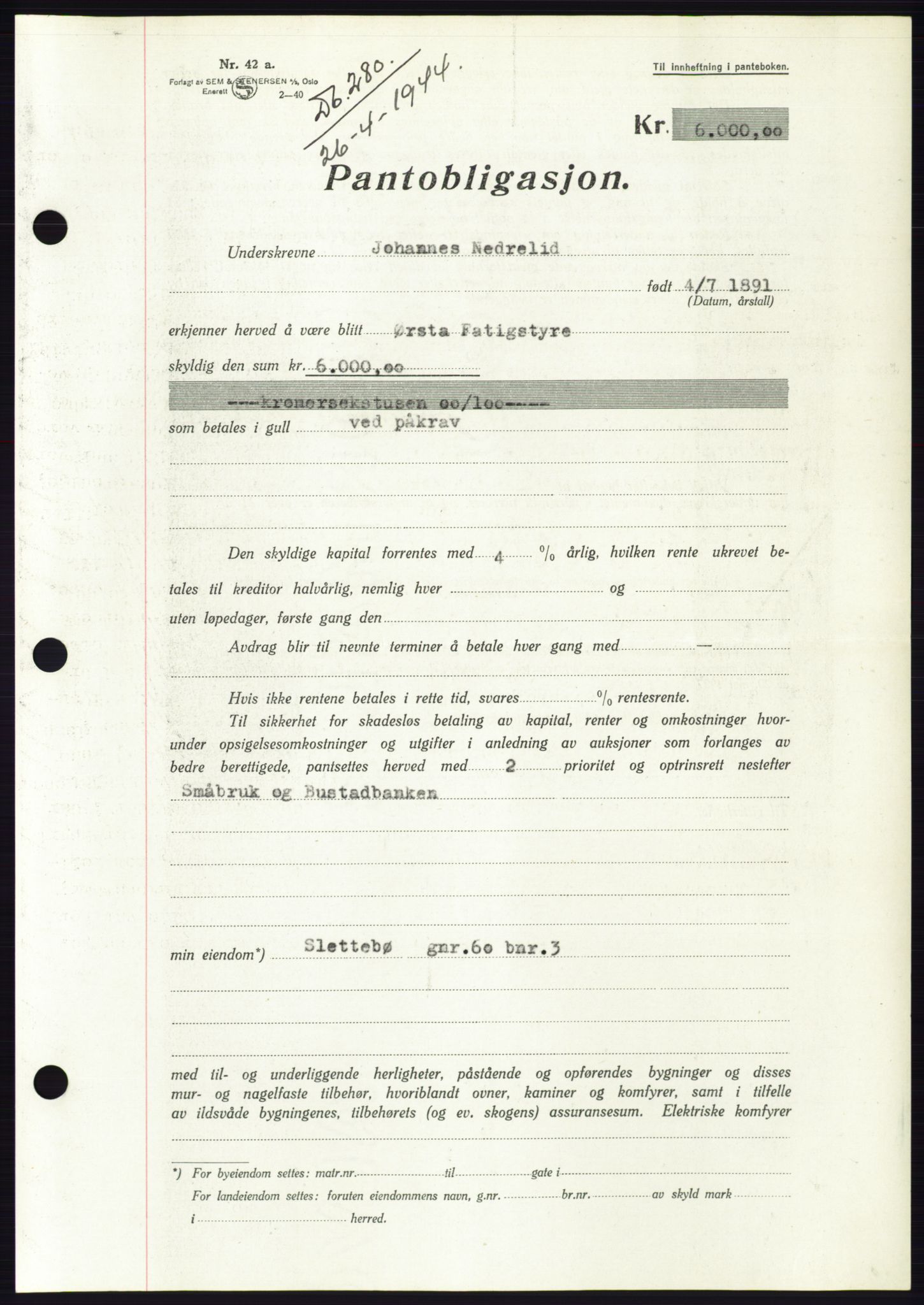 Søre Sunnmøre sorenskriveri, AV/SAT-A-4122/1/2/2C/L0114: Pantebok nr. 1-2B, 1943-1947, Dagboknr: 280/1944